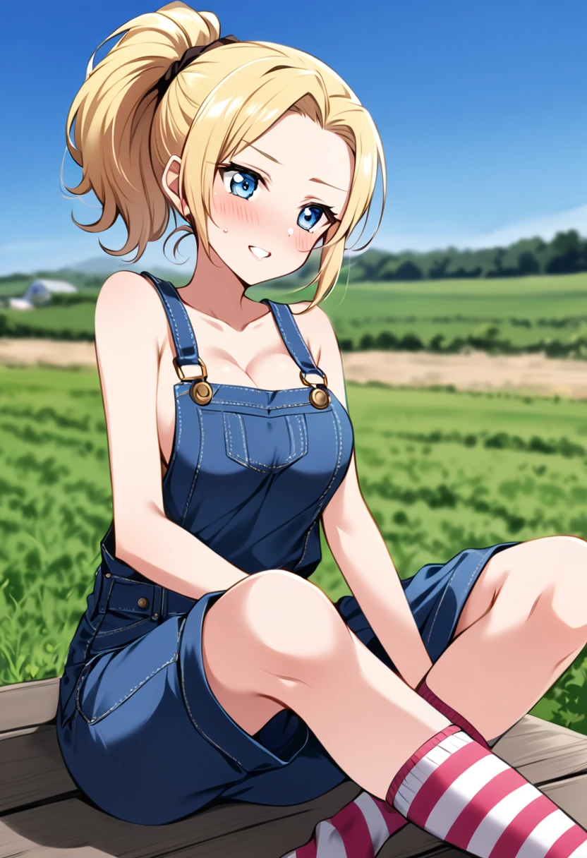 (anime,8k,masterpiece, top quality, best quality,beautiful and aesthetic:1.2,professional illustrasion:1.1,ultra detail:1.3,perfect lighting),extremely detailed,highest detailed,incredibly absurdres , highres, ultra detailed,intricate:1.6,
A quiet American farming village.
A girl working in the fields.
The sun is shining brilliantly.
A fresh wind is blowing.
(girl),(Three kingdoms female),(highly detailed beautiful face and eyes,firm breasts),oily skin,((blonde hair,short bob)),thin pubic hair,cute,lovely,naked overalls ,Arms above head, from above,simile,sexy