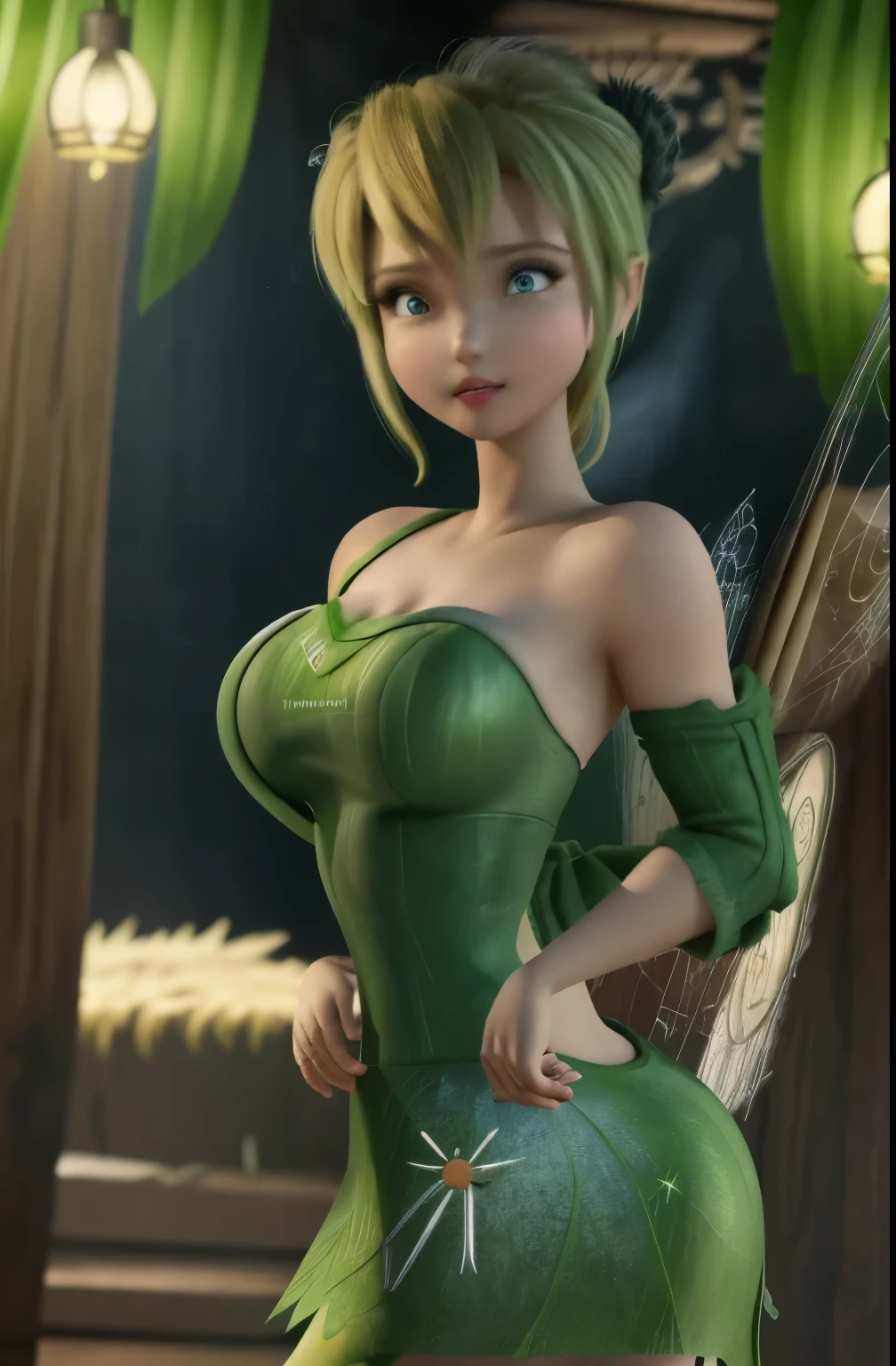 masterpiece, 8k, perfect ligthing, , adult, female, looking at the viewer, cinematic lighting, full-body shot, (TinkerBell:1.5), (TinkerBellWaifu:1.1), single hair bun, (green clothes), ((clothes made of leaves)), (fairy wings:1.2), pointed ears, blue eyes, (detailed eyes:1.2), stirring in the forest, (tinkering:1.6), Gears, abandonments, pulleys, blush, (shrunk),ass lighting