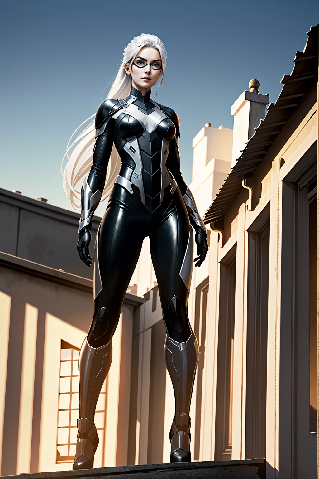 (masterpiece, best quality) MarvelBlackCat, Minka Kelly, solo, long hair, white hair, mask, seductive, standing in a rooftop scene, highly detailed, 8k, concept art, dramatic lighting