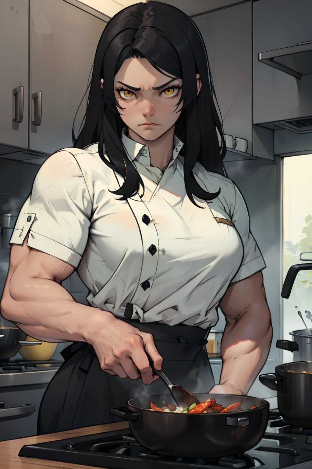 ((Masterpiece)), ((Best Quality)), ((Best Quality)), (Illustration of One Girl), Long Black Hair, Tall, (Muscular Strong Body), (Split Abs), (Muscular and Thick Arms), Body Stuffy with Sweat, Steam Drifting Around the Body, ((Maid Clothes)), Indoor