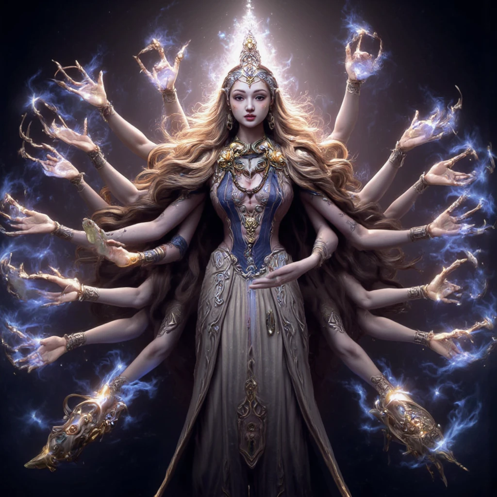 1 god of multi arms, 8k, high quality, digital art, hyper realistic, cinematic lighting, dramatic lighting, intricate details, highly detailed face, striking eyes, lush hair, ornate jewelry, multiple arms, magical aura, beautiful, ethereal, mysterious, dramatic pose, fantasy, science fiction