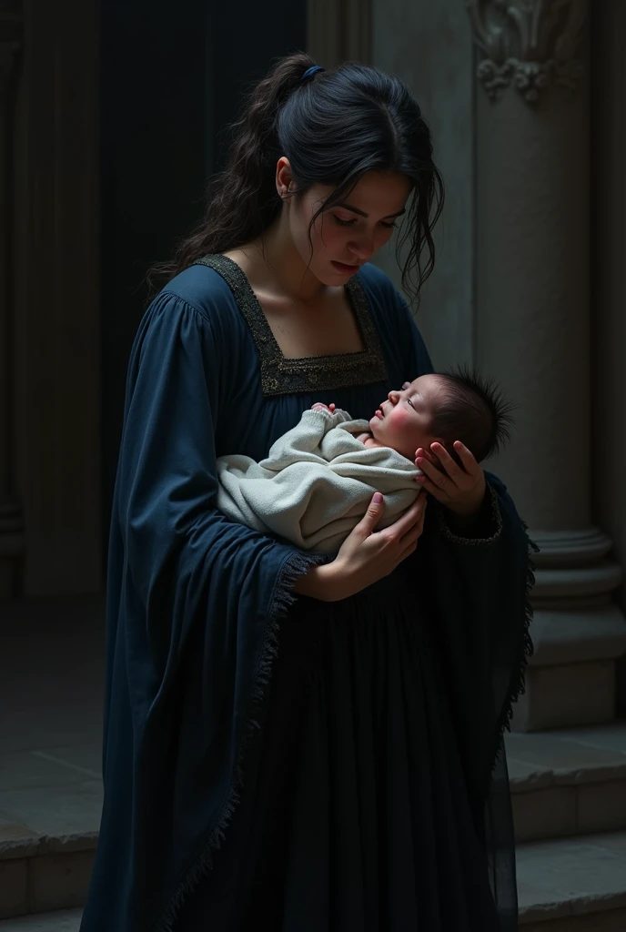 "Joan of Arc as a newborn baby, peasant women assisting childbirth, early 15th century, simple medieval attire, stone house in a rural village, agricultural tools visible in the background, medium shot, hyper-realistic, photo realism, cinematography --ar9:16."
