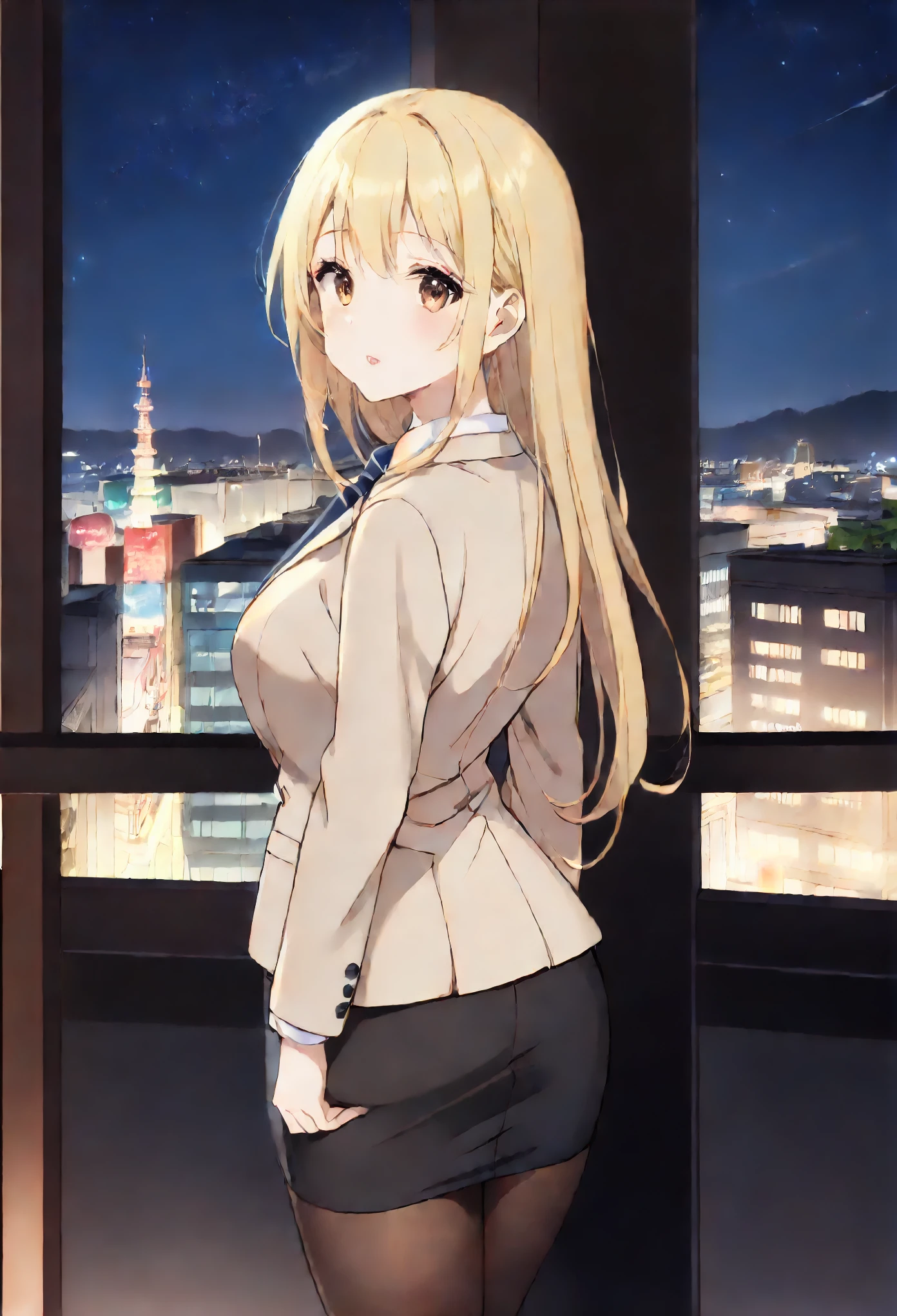 8K,ultra highres,ultra moe cute anime,in kyoto animation style,,cowboy shot,looking back,observation deck,downtown,midnight sky,beautiful cute perfect baby face japanese woman,cute woman,faint lips,blonde hair,middle hair,straight hair,volumey,happy,beautiful cute brown eyes,large breasts,office lady, suit jacket, pencil skirt, pantyhose, necktie, standing