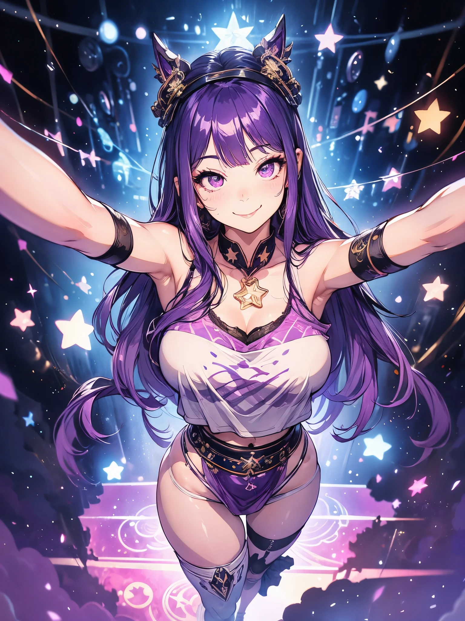 Hosino Ai, gloves, tongue sticking out, tongue, long hair, star (symbol), watch viewer, (purple hair: 1.2), thicc coxa e ass, purple eyes, upper body, hair ornament, ruffles, FULL BODY, pink shirt, smile, sleeveless, shirt, idol, symbol shaped pupil, hands raised, bangs, one side up, star-shaped pupils, arms raised, dresspull, roaring twenties, isometric, from above, full body, rembrandt, Illustration, detail, depth of field, looking at the viewer, peace sign, hand raised, tongue out, highest quality, high resolution
