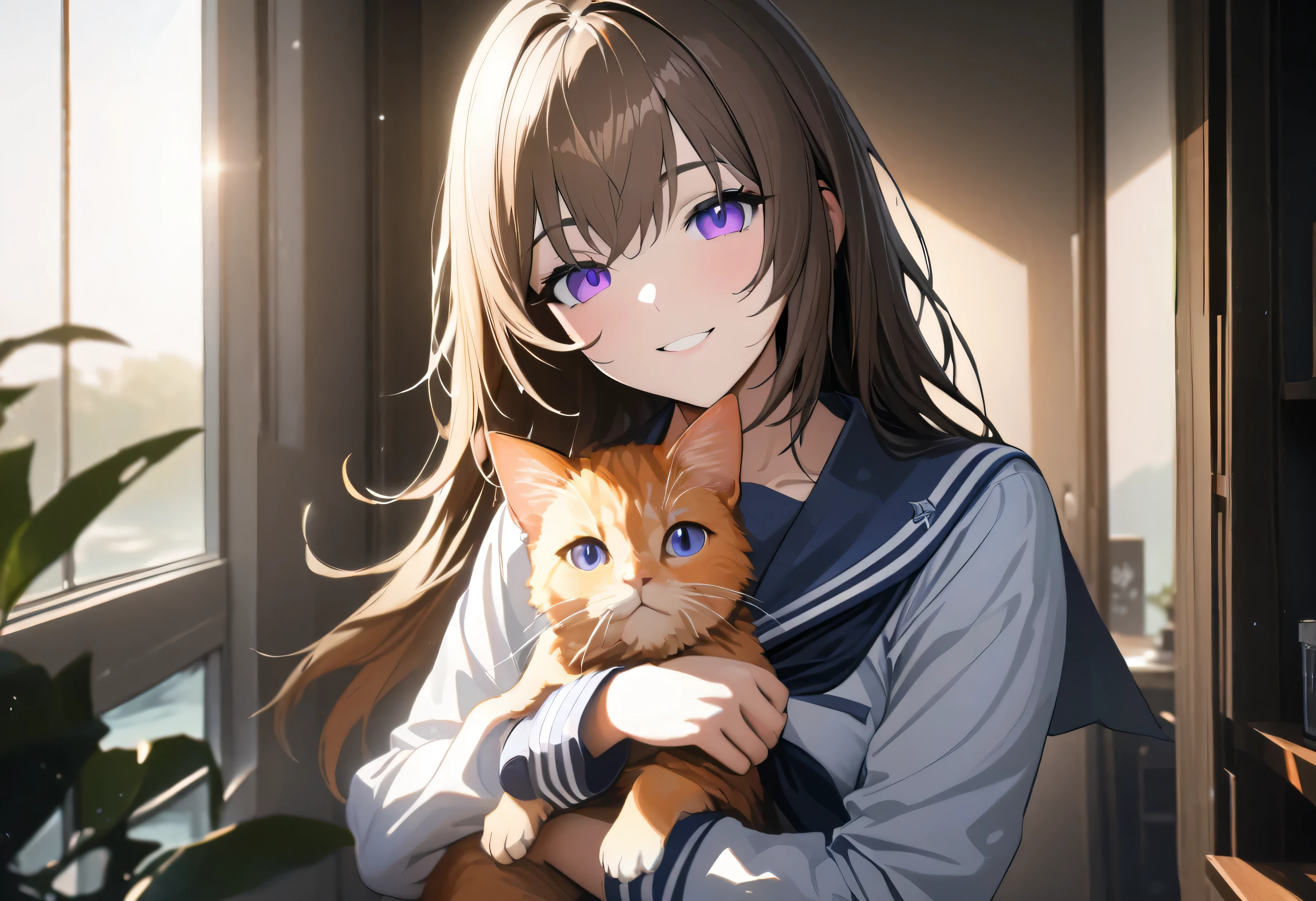 quality, semi-realistic anime, masterpiece, best quality, detailed picture, HD32k, 1girl, brown hair, purple eyes, sailor outfit, holding cat, looking at viewer, smile, morning, shiny hair, 1cat, orange cat, best quality, very aesthetic, absurdres, 10:43 AM
