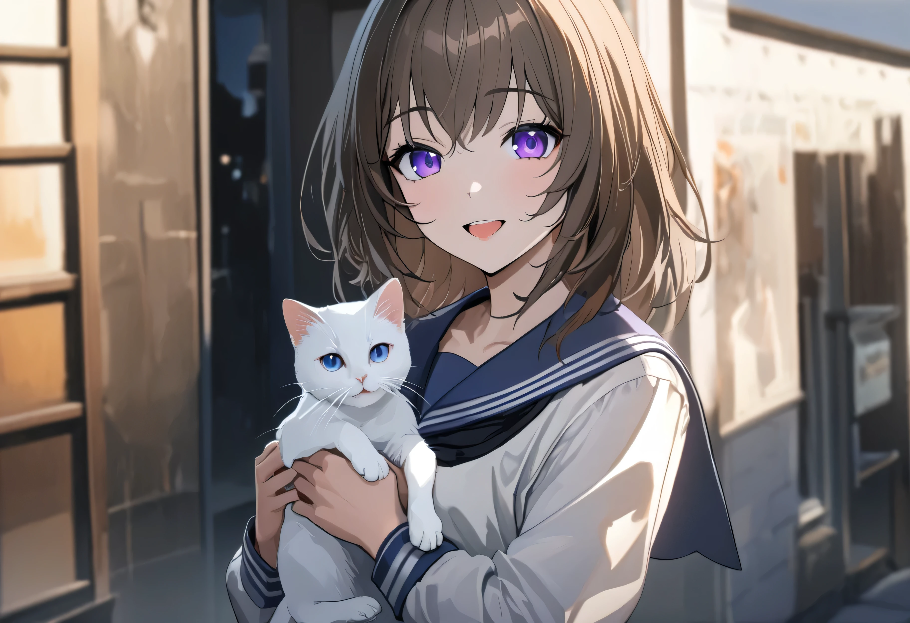 quality, semi-realistic anime, masterpiece, best quality, detailed picture, HD32k, 1girl, brown hair, purple eyes, sailor outfit, holding cat, open mouth, looking at viewer, smile, morning, shiny hair, 1cat, white cat, outdoor, street, sidewalk, best quality, very aesthetic, absurdres, 10:43 AM
