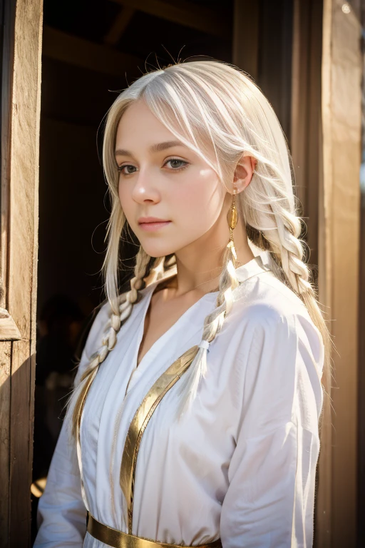 best quality, masterpiece,white hair, gold eyes,white clothes, looking up, upper body,hair strand,Fair skin,side braids very detail, very realistic, natural,