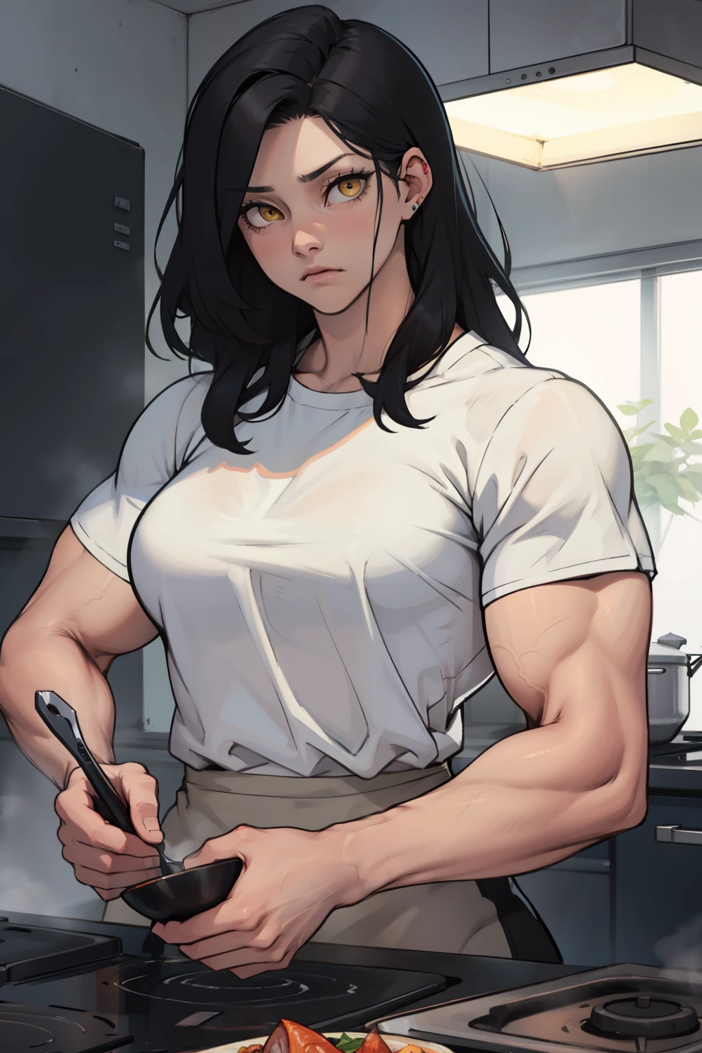 Long hair, no top, hard cute breasts