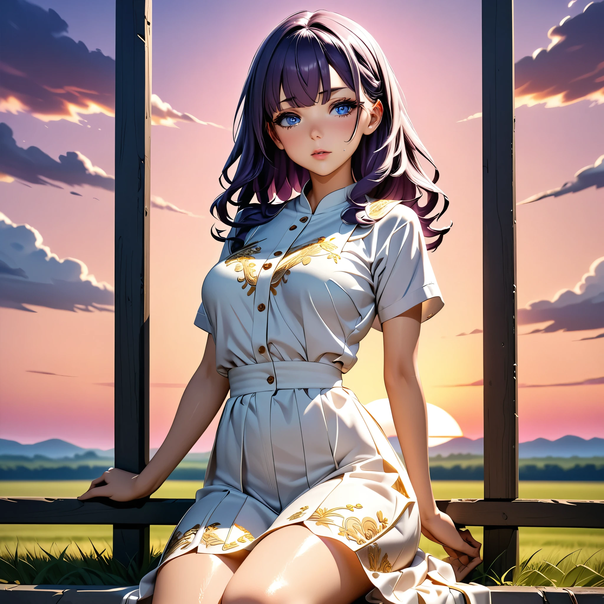 masterpiece, 4k, HDR, full HD, (best quality), (ultra detailed), (only), (extremely delicate and beautiful fabric), super intricate ANIME TYPE, best quality, 1girl, very expressive eyes, deep purple hair, hyper beautiful face, hair purple, Perfect anatomy, shiny and oily skin, full body, alone, A girl with long, flowing, bright blue eyes, standing on a grassy hill under a pink sunset sky. Her expression is one of quiet determination, with her lips slightly parted and her eyes glistening. She is wearing a flowing white dress that billows in the gentle breeze, detailed with golden embroidery along the hem. In the background, cherry blossom petals float in the air, illuminated by the soft golden rays of the setting sun. Her pose is relaxed but confident, with one hand resting lightly on her hip and the other raised toward the sky. The overall art style is clean and modern, with soft shading and vibrant colors typical of contemporary anime. The atmosphere is peaceful yet filled with subtle energy, and the lighting highlights her face and hair beautifully. photographic framing: American plane, sitting on a fence of sticks,