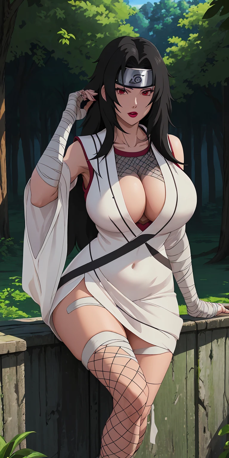 masterpiece, best quality, extremely detail 8k cg, high resolution, 1girl, mature female, NinjaWhiteDress_KurenaiYuhi_ownwaifu, 1girl, forehead protector, black hair, long hair, red eyes, makeup, lipstick, konohagakure symbol, red lips, large breasts, white dress,  asymmetrical sleeves, fishnet top, bandaged arm, bandaged hand, sleeveless, bandaged leg, cleavage, long sleeves, single sleeve, vest, collarbone, collarbone, titsonastick, beautiful face, night time, konohavillage, outdoors, forest