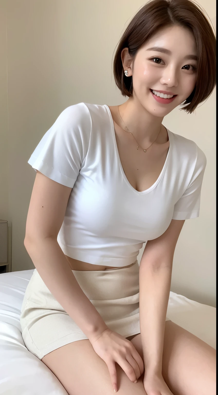 ((top quality, 8k, masterpiece: 1.3)), adorable and cute schoolgirl, 1 woman, huge: 1.3, (toned abs, slender figure: 1.1), sexy, dark brown hair, (sitting on the sofa, tight mini skirt: 1.1), ultra detailed face, detailed lips, detailed eyes, double eyelids, (short black hair: 1.2), profile, smile, baby face, white shirt with chest wide open, show the armpits, open the right leg up,