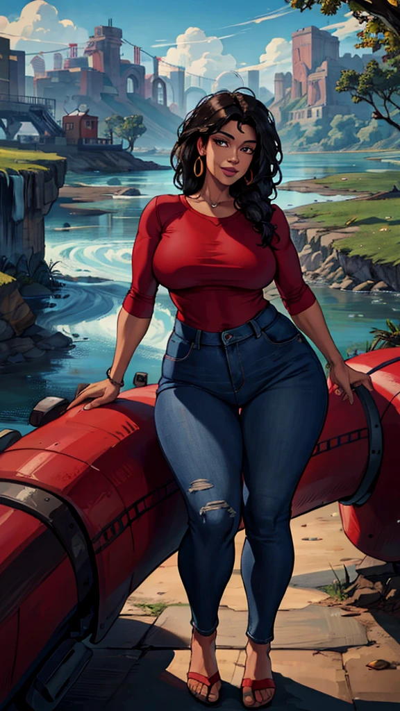 Morales River, (curve), red shirt, jeans, milf (mature mother), masterpiece, best quality, extreme detail, 8k, image sharpness