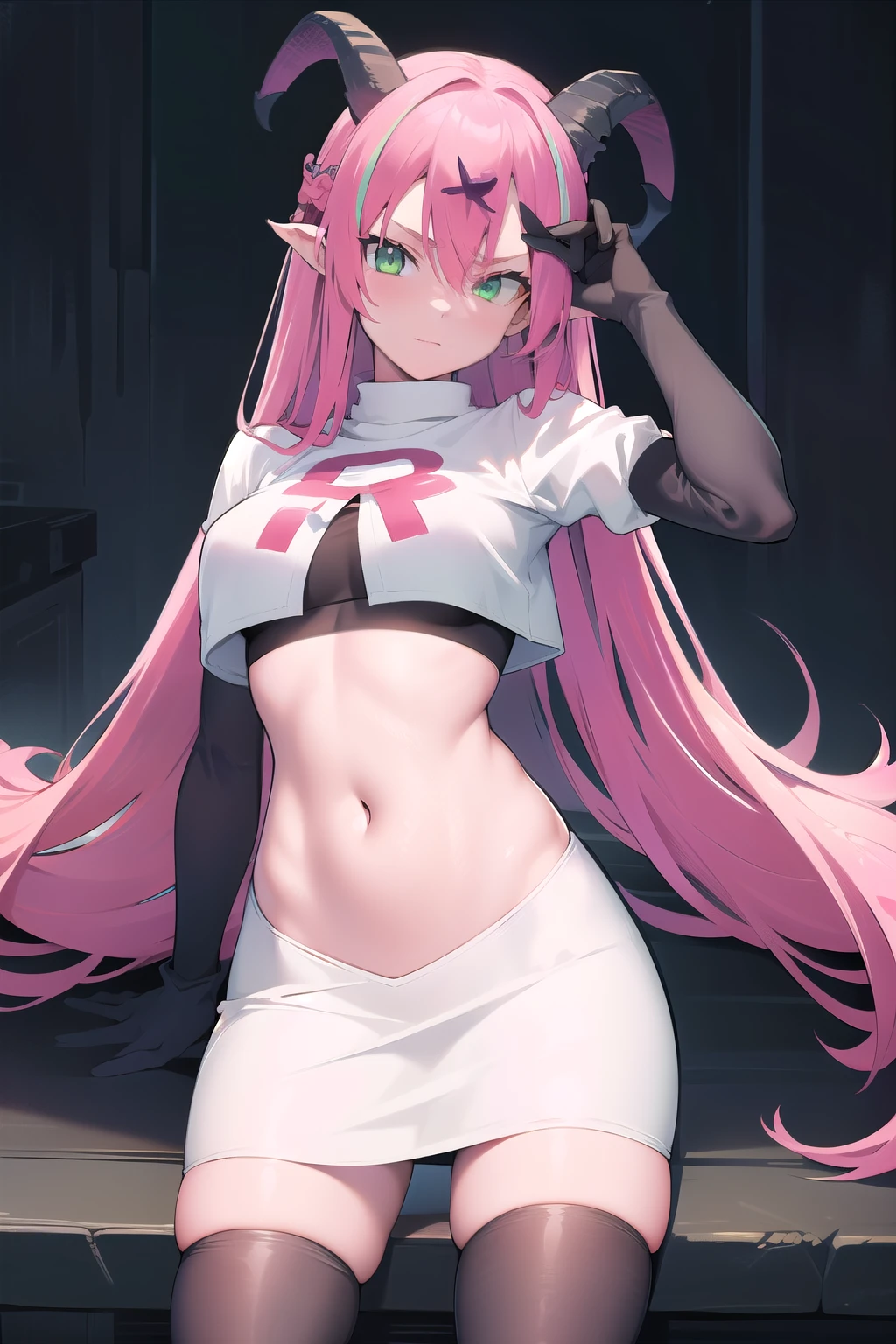 (SFW), masterpiece, best quality, highres k, professional artwork, famous artwork, clean, cinematic lighting, beautiful green eyes + detail, beautiful hair + detail, 1girl, sexy young female body:1.3, (beautiful breasts), looking at the viewer, aloe1, 1girl, solo, pointy ears, multicoloured hair, asymmetrical horns, demon horns, hair ornament, blonde hair, long hair, pink hair, demon tail, green eyes, horn bow, horn ornament, bangs, headphones around neck, hair between eyes, team rocket,team rocket uniform,white skirt,red letter R,crop top,black thigh-highs,black elbow gloves