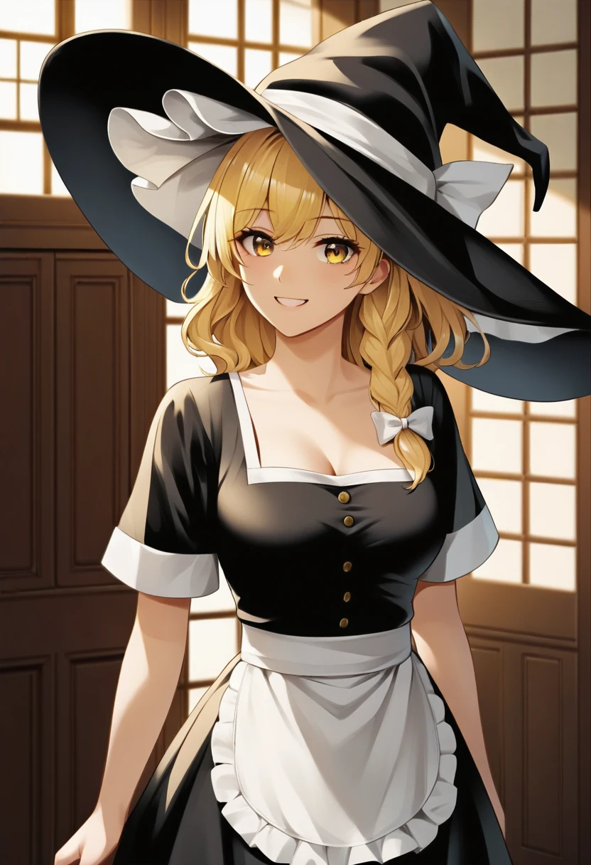 (masterpiece), (Best quality), (Very detailed), (high resolution), (8Khighres), (cel anime), (detailed beautiful face and eyes), (textile shading), (cowboy shot), (Japanese-style Room), 1girl, kirisame marisa, blonde hair, yellow eyes, single braid, witch hat, white ribbon, black skirt, black shirt, short sleeves, waist apron, white sleeves, medium breasts, beautiful breasts, walking, smile,,