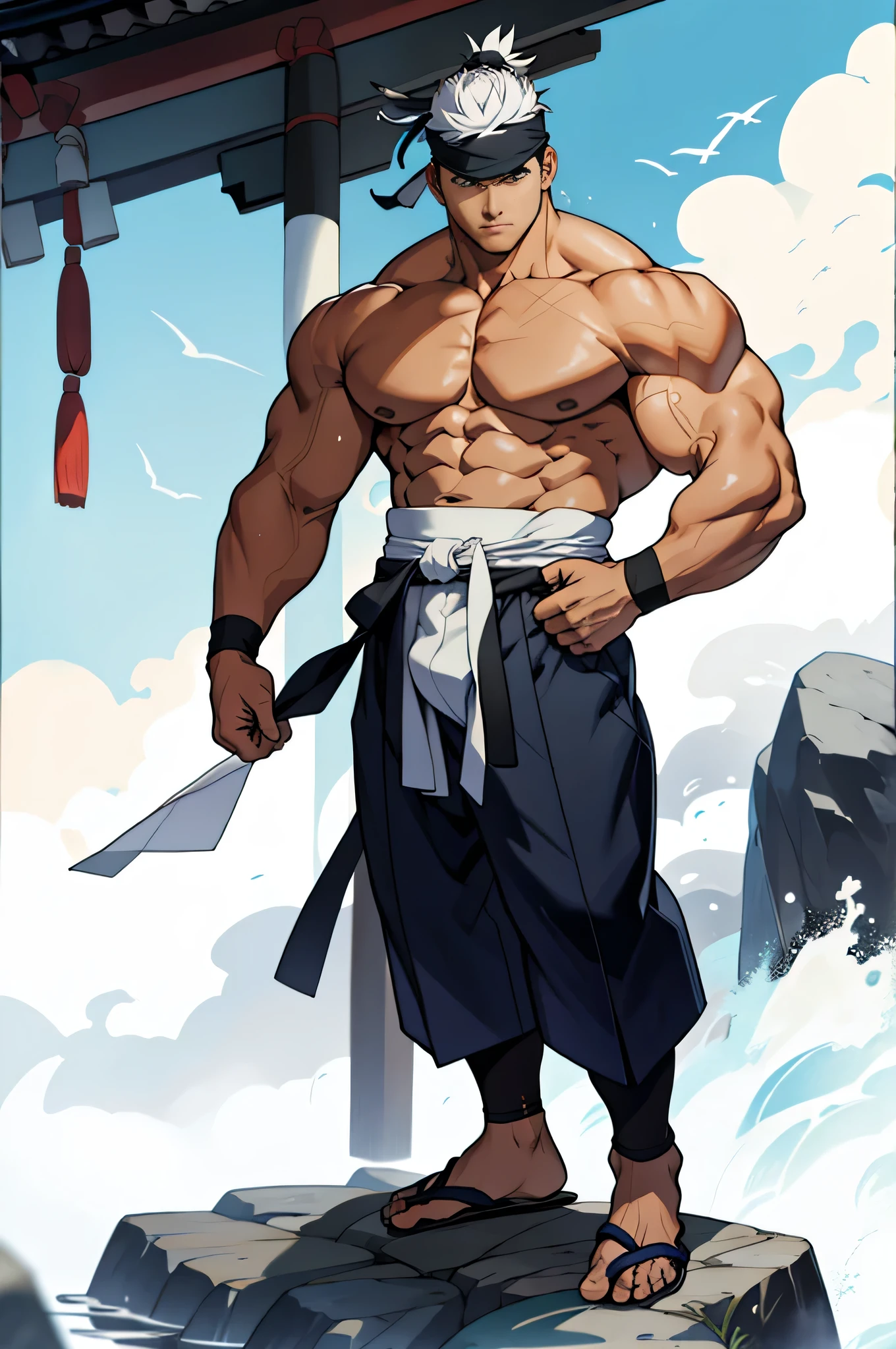One Piece male fighter badass caractere with fishing rod, fighting position, detailed face, detailed clothes, super strong and muscled, huge body, without clothes, shirtless, big old man, big chest, show armpits, big knee, big arms, big body, with out any type of clothes, without pants, show dick, face focus, big chest muscles, hairy chest, hairy muscled, big body, huge body size, the biggest body, fat chest, huge muscles, very big arms