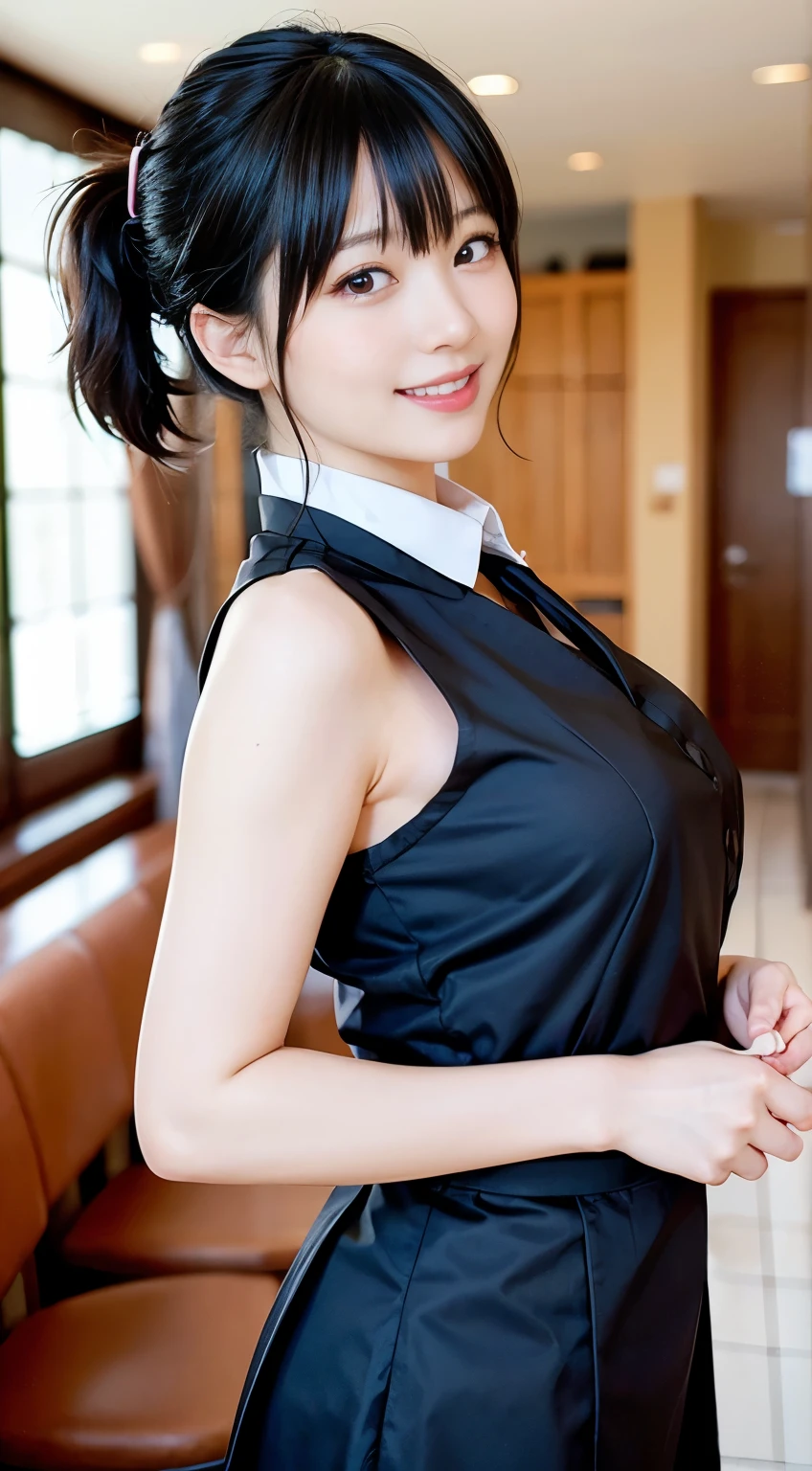 Uniform Cosplay、Uniform Cosplayer Ponytail Bangs、Cleavage、Predecessor Wan、Smiling with white teeth、bite、double eyelid、Front face、Slender、Kneel on a chair、(8K、Raw photo、Highest quality、masterpiece:1.2)、(Realistic、Photorealistic:1.37)、Ultra-detailed、(Detailed beautiful girl:1.4)、1 girl、Full Body Shot、