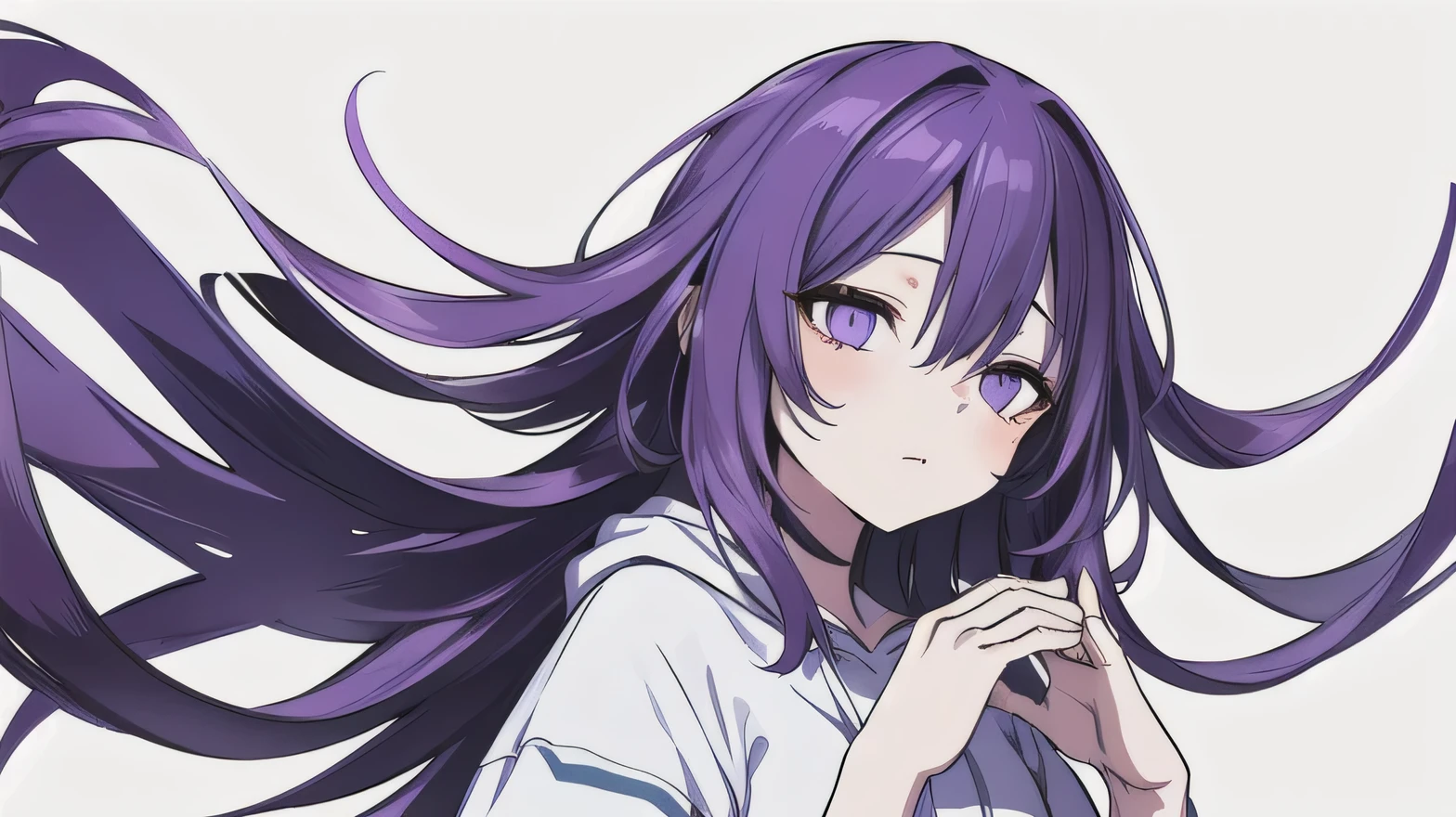 ((((ultra illustrated style:1.0)))),best quality, best animated, masterpiece, flat color, line art, 1girl, solo, violet hair and violet eyes, A hand gently placed on the front, fingers spread slightly, hoodie, upper body, white background, looking up, front view, from front, simple background, violet theme,