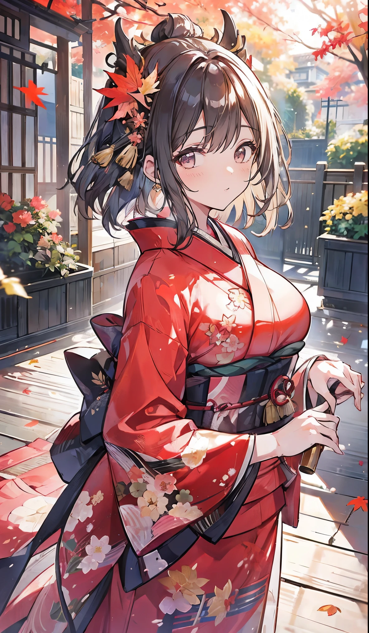 ((kimono,Big Breasts)),beautiful, Best Quality,Beauty,smile,Sunlight pours in,garden,smile,autumn leaves