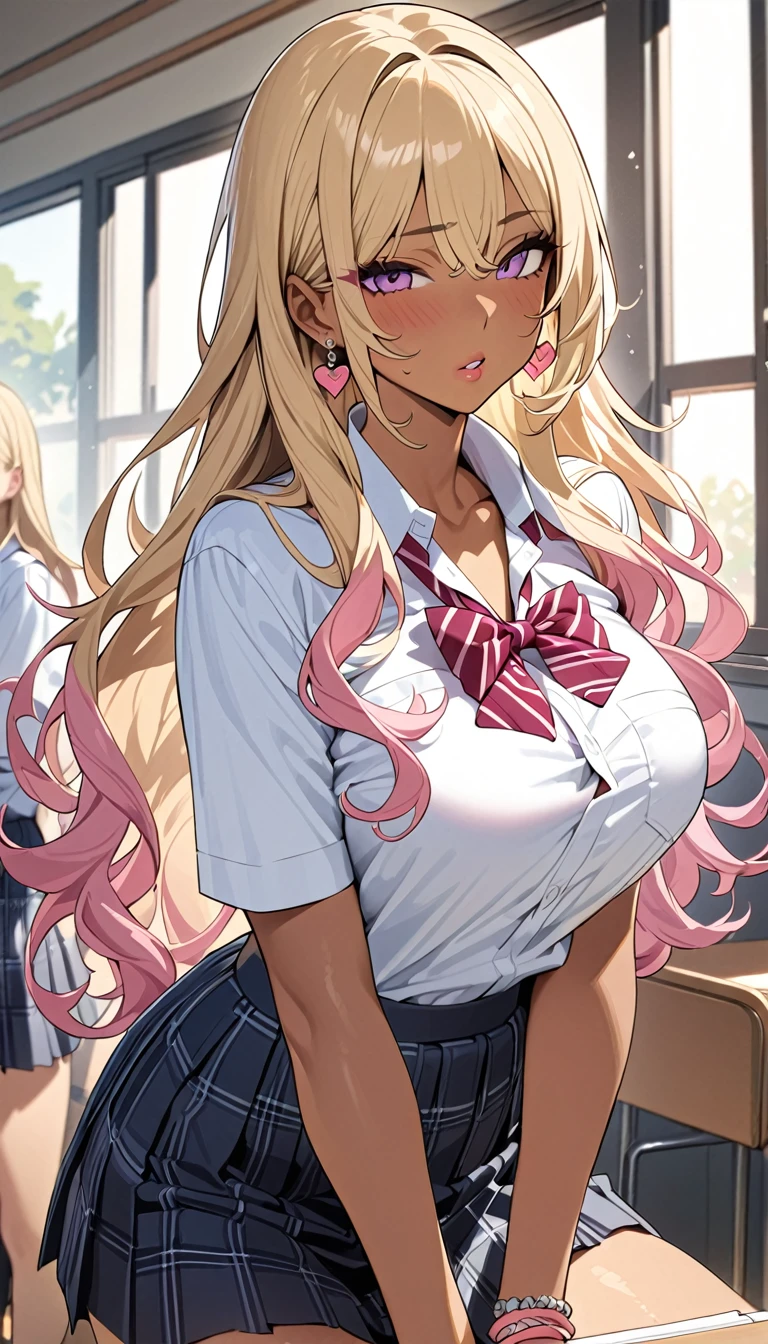 1scene,high quality,Super High resolution,High resolution illustration,masterpiece,Extremely detailed,Blonde HAIR,High resolution,Japanese,gyaru make,pink eyeliner,pink lip,earrings,(beautyfull girl has grossy lips ) ,school uniform,school class room,Medium chest,black tan skin,Beautiful curves,Long and complicated hair,Mole under the eye,sexy pose