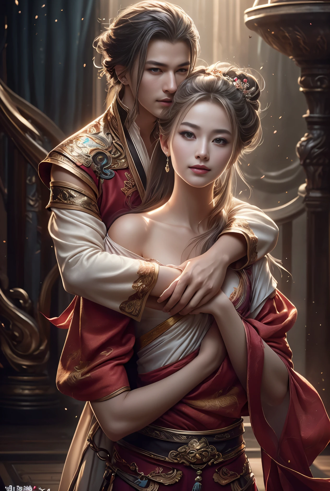 (best quality, Excellent details, masterpiece, Representative works, Official artwork, Professional, Soup details, 8k:1.3), (Photorealism:1.2), (pair, Beautiful girls and boys), pairรักในทะเลดอกไม้, Handsome man hugs beautiful woman from behind, Smile and wear red., I'm fragile., Chinese beauty and handsome man, Wearing ancient Chinese clothing, Flowing tulle fabric, Light silk, Create a movie poster similar to the one used in Chinese fantasy romance dramas., Correct proportions, Perfect face, Perfect Hands, Sweet atmosphere, Photorealistic, sharp focus, A dreamy atmosphere, Delicate details, Volumetric soft light, (Backlight:1.3), (Cinema:1.2), Complex details, (Art Station:1.3)