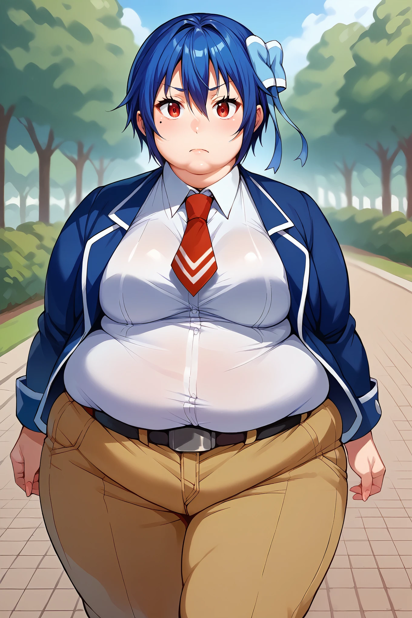 score_9, score_8_up, score_7_up, score_6_up, source_anime, 1girl, solo BREAK tsugumi seishirou, mole under eye, blue hair, short hair, hair bow, blue jacket, white shirt, collared shirt, red necktie, belt, brown pants, park, looking at you, medium breasts, fat, chubby, obese