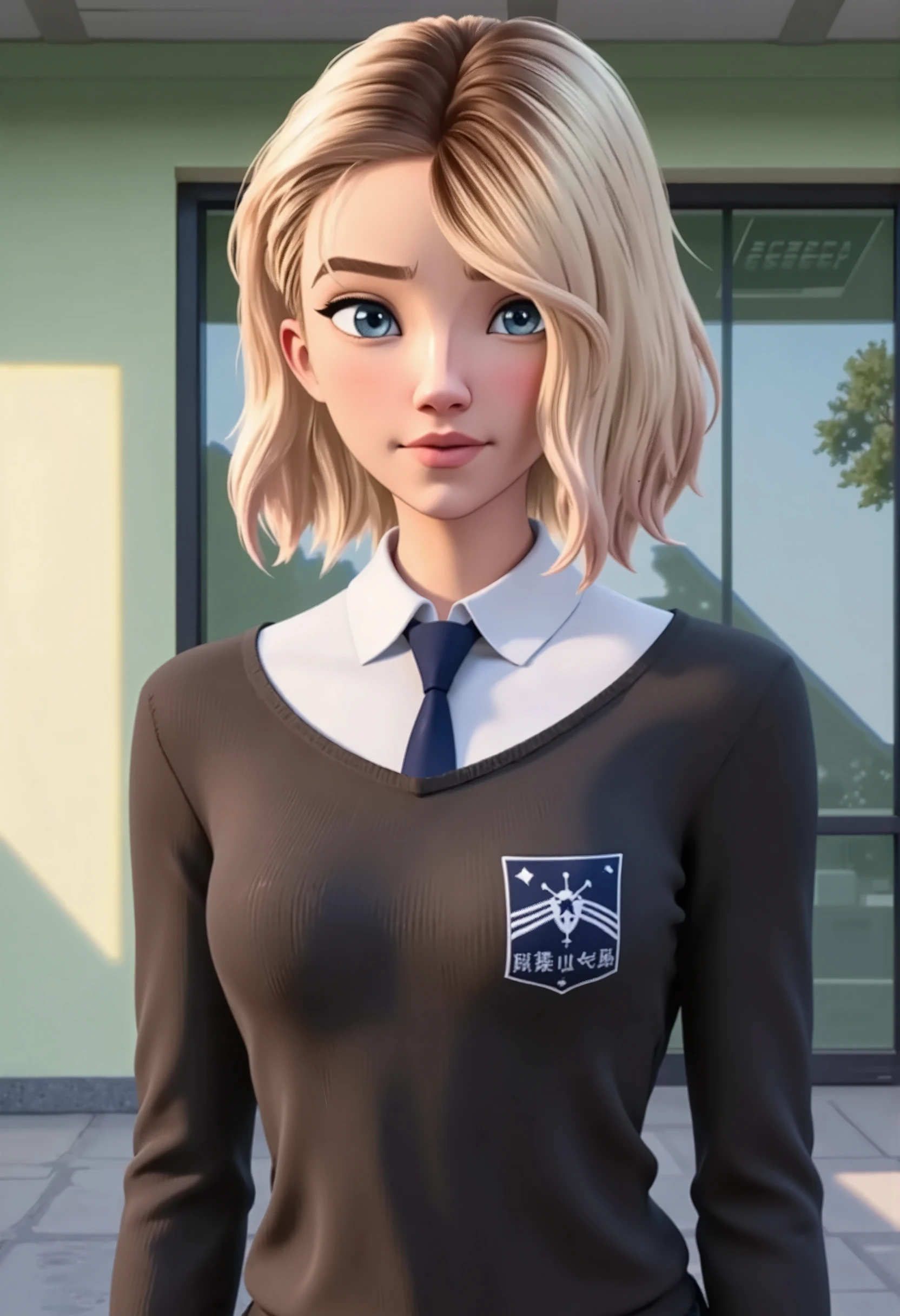 realistic, realism, photorealism, photo-realistic, high contrast, (photorealistic:1.4), (perfect female figure), 8k high definition detailed realistic, (best quality, masterpiece:1.2),  photon mapping, radiosity, physically-based rendering, best quality, highly detailed, 1girl, sgwen, indoor, school, school uniforms