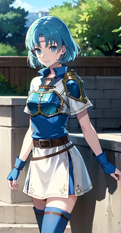 upper_body,smile,feet out of frame,closed mouth,thea,breastplate,armor,thighhighs,gloves,fingerless gloves,shoulder armor,circlet,zettai ryouiki,thigh boots,boots,belt,short sleeves,blue footwear,looking at viewer,miniskirt,outdoors,(masterpiece, best quality, ultra-detailed, best shadow),