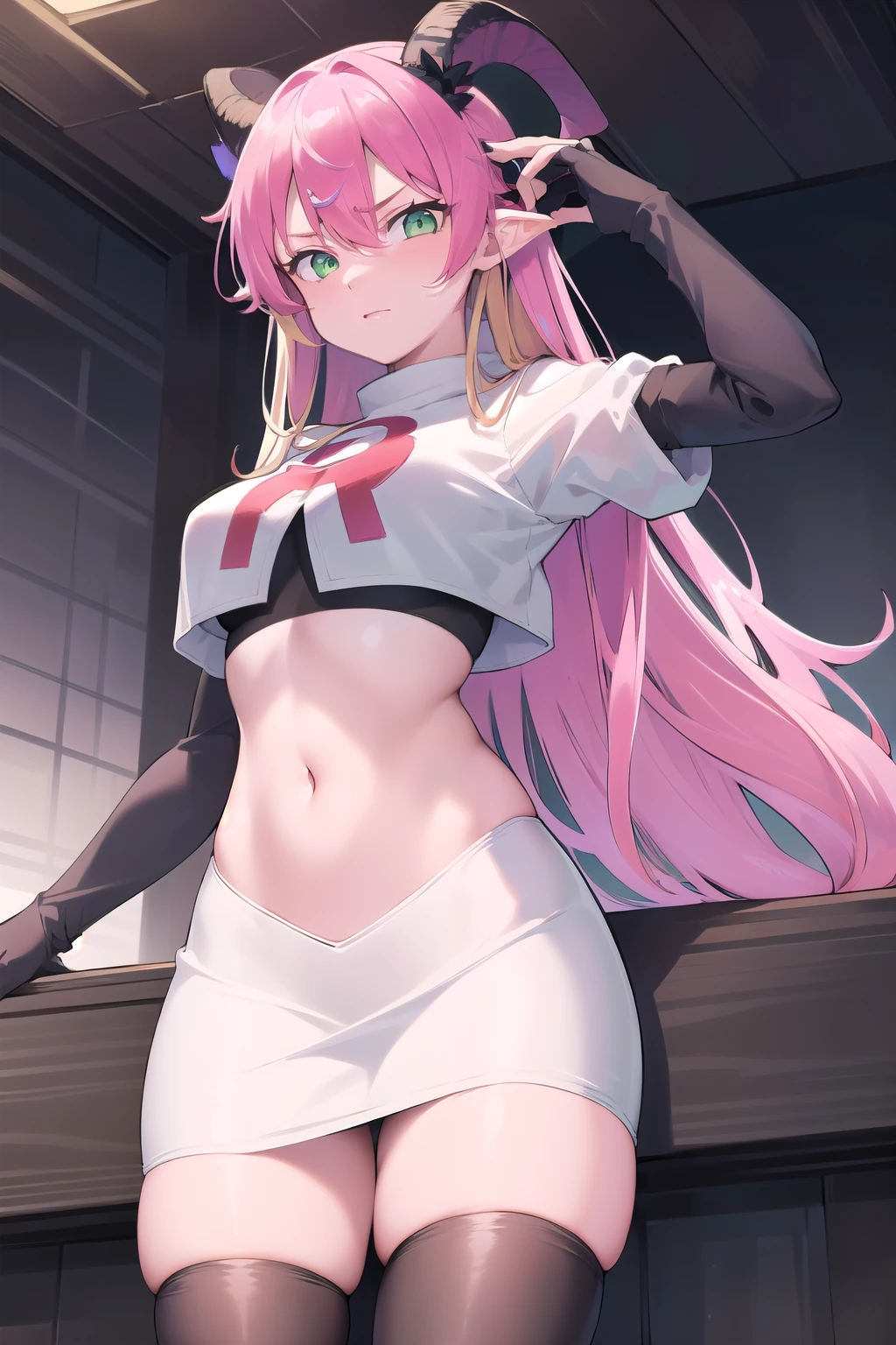 (SFW), masterpiece, best quality, highres k, professional artwork, famous artwork, clean, cinematic lighting, beautiful green eyes + detail, beautiful hair + detail, 1girl, sexy young female body:1.3, (beautiful breasts), looking at the viewer, aloe1, 1girl, solo, pointy ears, multicoloured hair, asymmetrical horns, demon horns, hair ornament, blonde hair, long hair, pink hair, demon tail, green eyes, horn bow, horn ornament, bangs, headphones around neck, hair between eyes, team rocket,team rocket uniform,white skirt,red letter R,crop top,black thigh-highs,black elbow gloves