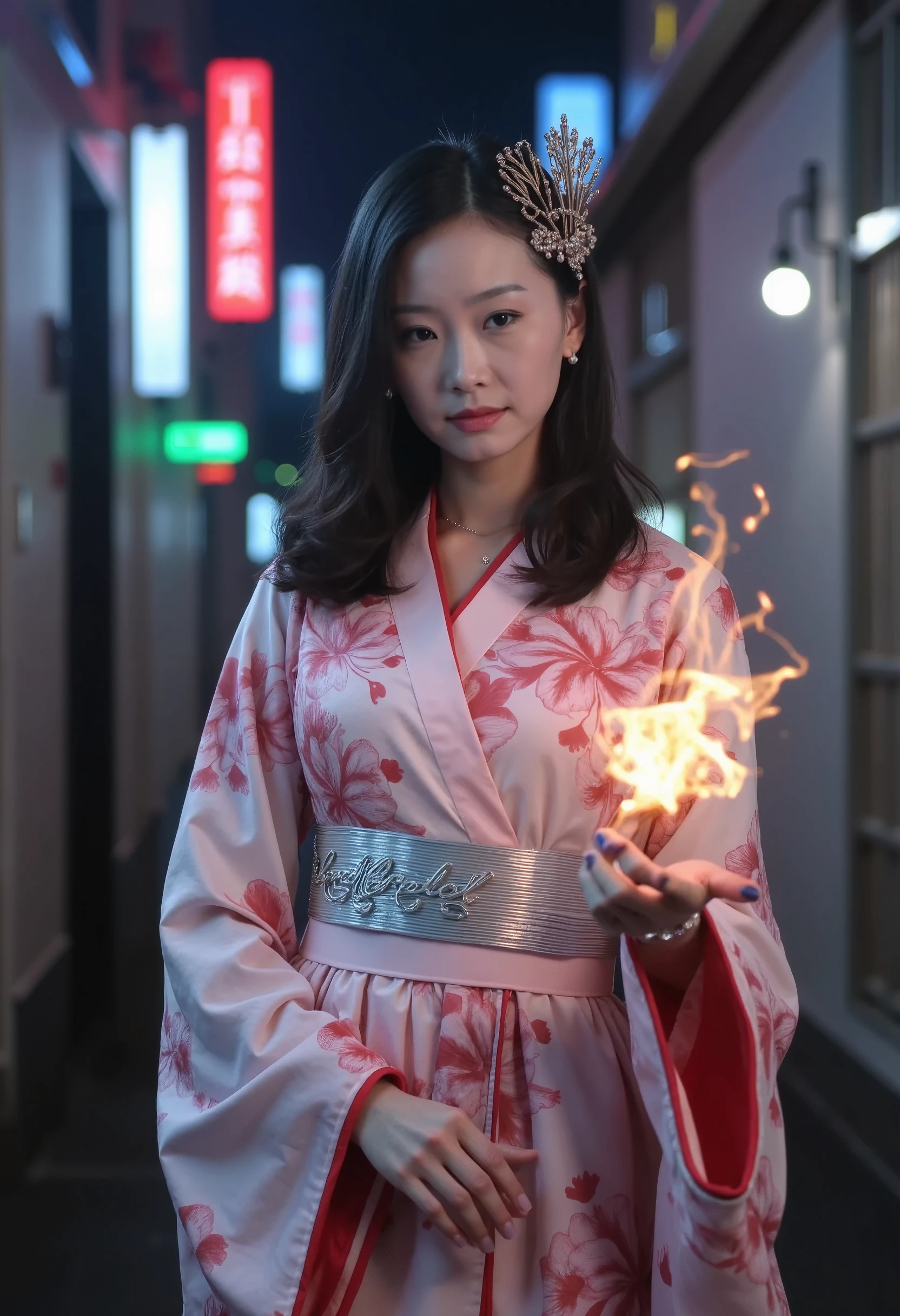 Upper body,A beautiful Japanese girl stands confidently in a neon-lit alleyway, blending traditional elegance with futuristic strength. She wears a flowing kimono with intricate floral designs now infused with glowing neon circuits, intertwined with polished high-tech armor featuring holographic engravings of cherry blossoms and cranes. Her traditional updo is adorned with luminous cyberpunk accessories, as she holds a katana with a glowing energy blade. The city alleyway's vibrant lights reflect off her armor, highlighting the fusion of ancient tradition and cutting-edge technology in this striking, cyberpunk geisha-samurai hybrid.,, as huge fire ball crackles from her hand,
