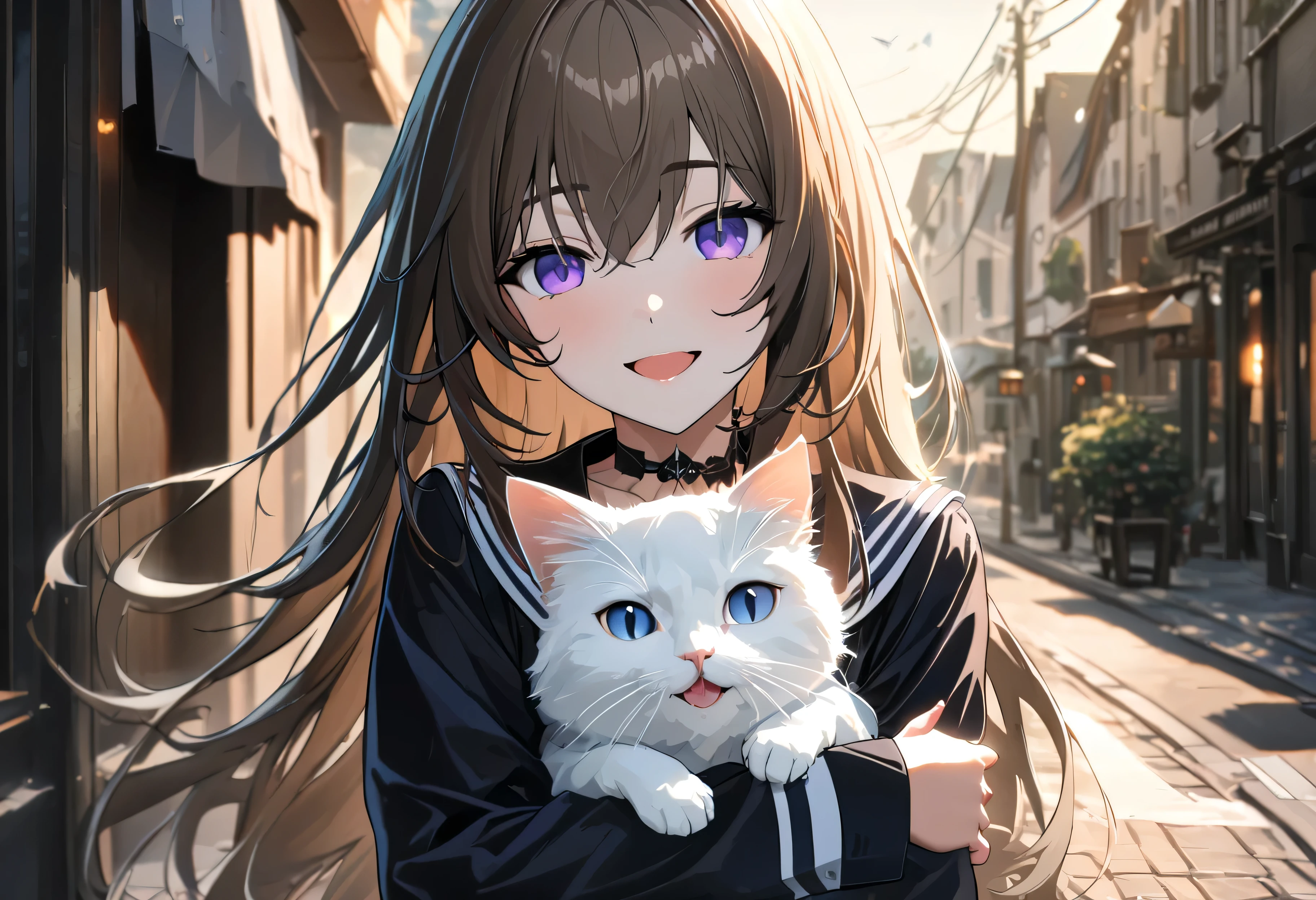 quality, semi-realistic anime, masterpiece, best quality, detailed picture, HD32k, 1girl, brown hair, long hair, purple eyes, sailor outfit, holding cat, open mouth, looking at viewer, smile, morning, shiny hair, 1cat, white cat, outdoor, street, sidewalk, best quality, very aesthetic, absurdres, 10:43 AM
