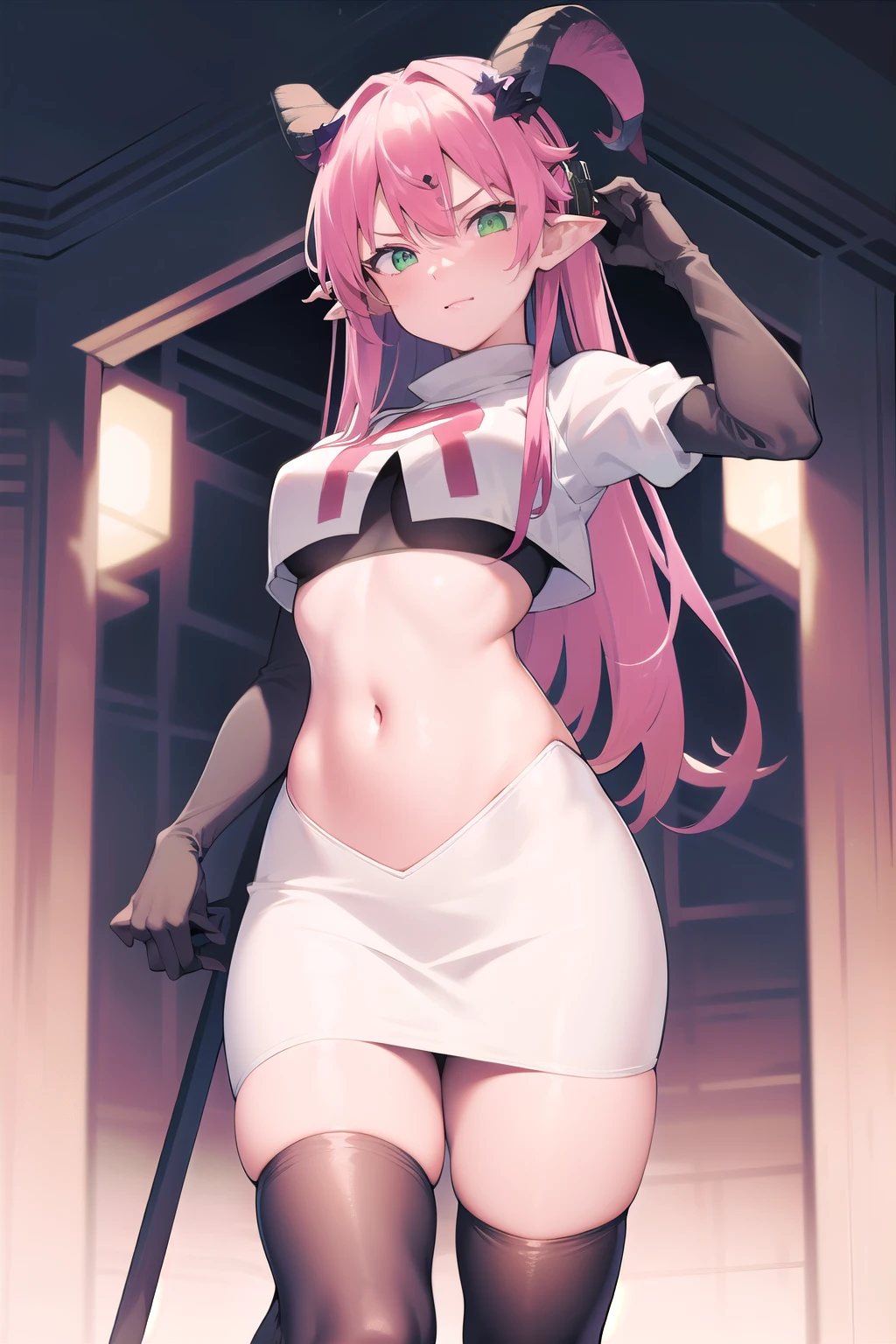 (SFW), masterpiece, best quality, highres k, professional artwork, famous artwork, clean, cinematic lighting, beautiful green eyes + detail, beautiful hair + detail, 1girl, sexy young female body:1.3, (beautiful breasts), looking at the viewer, aloe1, 1girl, solo, pointy ears, multicoloured hair, asymmetrical horns, demon horns, hair ornament, blonde hair, long hair, pink hair, demon tail, green eyes, horn bow, horn ornament, bangs, headphones around neck, hair between eyes, team rocket,team rocket uniform,white skirt,red letter R,crop top,black thigh-highs,black elbow gloves