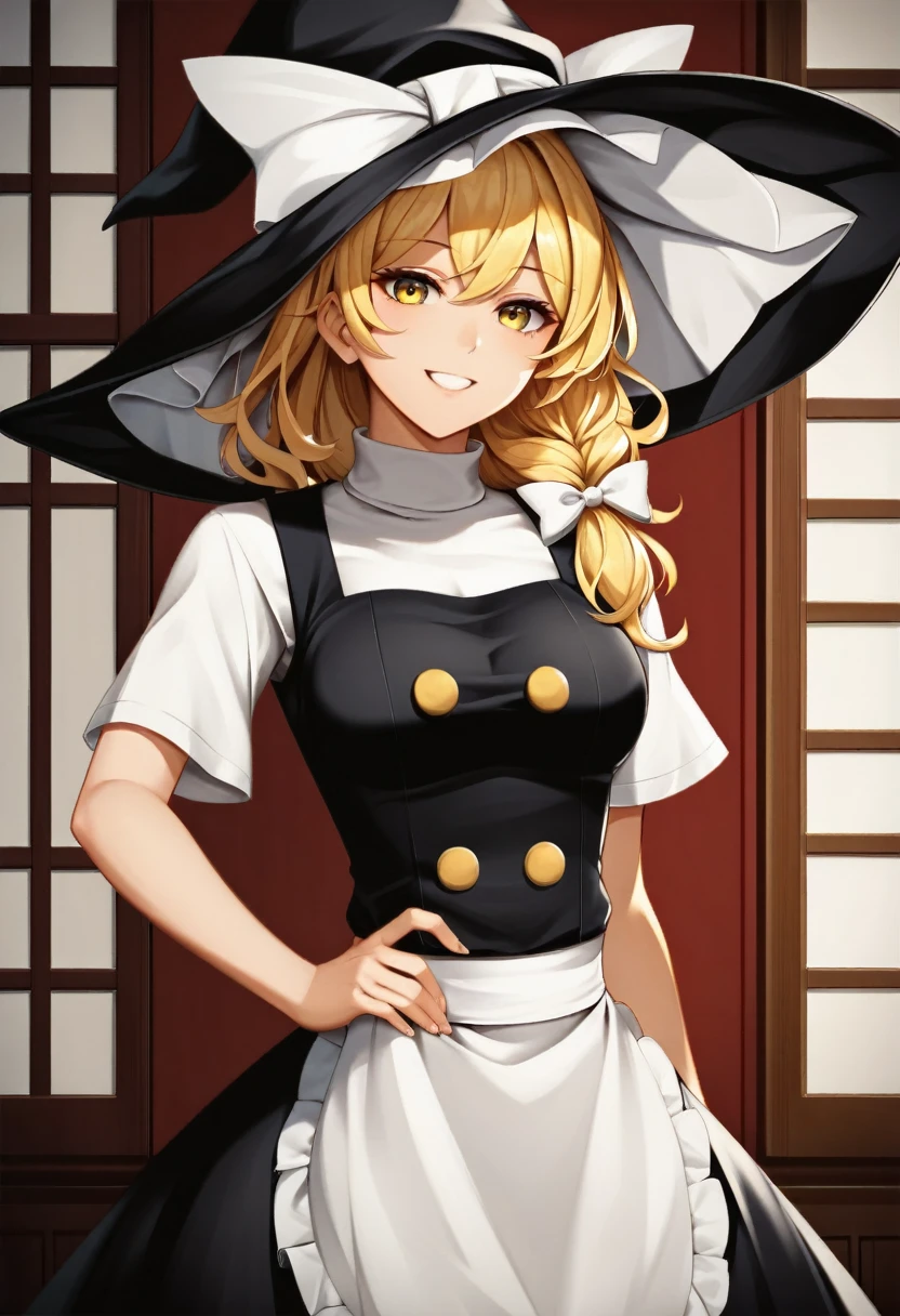 (masterpiece), (Best quality), (Very detailed), (high resolution), (8Khighres), (cel anime), (detailed beautiful face and eyes), (textile shading), (cowboy shot), (Japanese-style Room), 1girl, kirisame marisa, blonde hair, yellow eyes, single braid, witch hat, white ribbon, black skirt, white shirt, short sleeves, turtleneck, black vest, yellow buttons, waist apron, white sleeves, medium breasts, beautiful breasts, smile, put lefthand on hips, holding the brim of her hat with her right hand,,