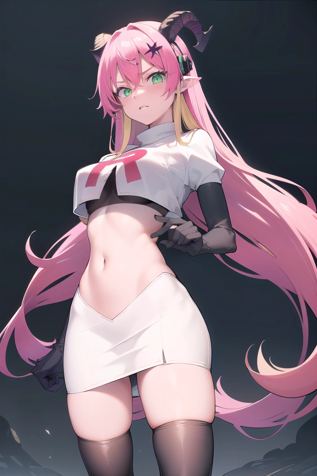 (SFW), masterpiece, best quality, highres k, professional artwork, famous artwork, clean, cinematic lighting, beautiful green eyes + detail, beautiful hair + detail, 1girl, sexy young female body:1.3, (beautiful breasts), looking at the viewer, aloe1, 1girl, solo, pointy ears, multicoloured hair, asymmetrical horns, demon horns, hair ornament, blonde hair, long hair, pink hair, demon tail, green eyes, horn bow, horn ornament, bangs, headphones around neck, hair between eyes, team rocket,team rocket uniform,white skirt,red letter R,crop top,black thigh-highs,black elbow gloves