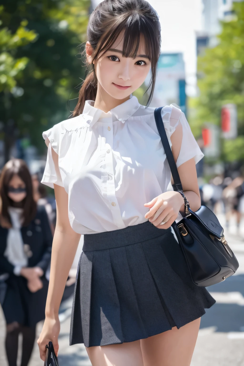 the Extremely Detailed CG Unity 8K Wallpapers, Best Quality, Ultra-detailed, masutepiece, realisitic, photorealistic photos, extremely detailed cute girl, 20yr old, (skirt rift), ((skirt lift by yourself)), small panty,T back、panties focus, blush, Parted lips, look up at viewer , FULL BODYSHOT , Wearing a ruffled shirt ,Tokyo Street, crowd, Crowded city,