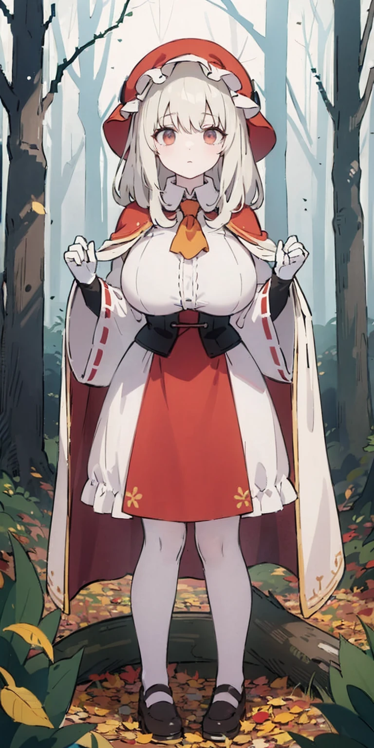 masterpiece, top quality, best quality), pixel,pixel art, 1 girl, full body, doll, white hair, doll joints, bonnet, red ascot, brown cloak, brown dress, gloves, looking at viewer, expressionless, forest, trees, fallen leaves, dark skies, grey sky, desaturated, muted palette, expressionless, huge breasts, breast lift, looking at viewer