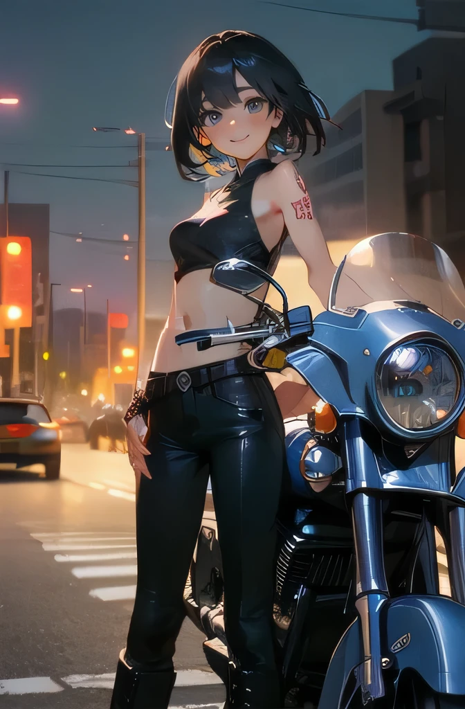 (cowboy shot),(Perfect Anatomy,top-quality、back style,The ultra -The high-definition、hight resolution、extremely details CG、8K Unit Wallpapers),20-year-old、solo,Beautiful detailed eyes,black hair,shor bob hair,blunt bang,(small breasts,slender body,skinny),gleaming skin,oily skin,(punk fashion、leather jacket、Tank top、military pants、combat boots),(drive a motorcycle,Harley-Davidson,),on road,Tokyo,at night、
