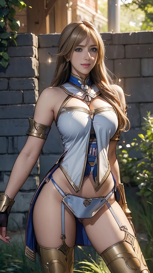 Browsing Caution,Functional, Long blonde hair, Thick thighs, 8k, 4K, Please redeem, (High resolution:1.6), Cute anime face, Noise Reduction, (Sparkling Blue Eyes, A kind smile:1.3, Kind eyes:1.3)、Toned Abs, Muscular arms, Muscular legs,  Young Face, Anime Eyes, Sophitia Alexandra、(Left Arm Shield:1.5)、(SFW Giant:1.9)、(Beautiful Nose:1.5)、[[[[Long tights、Knee-high boots、(Garter belt:1.5)、Beautiful Hands、Beautiful fingers、(High cut thong:1.5),In the woods、