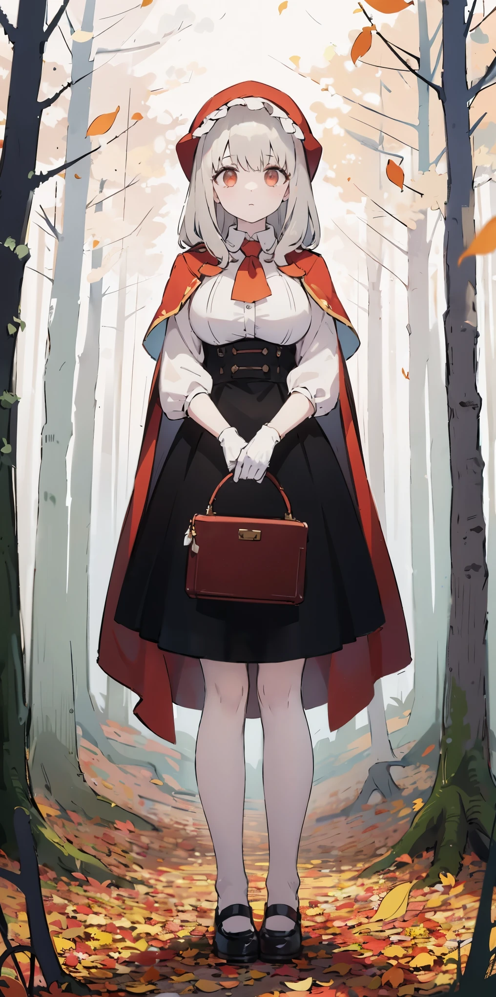 masterpiece, top quality, best quality), pixel,pixel art, 1 girl, full body, doll, white hair, doll joints, bonnet, red ascot, brown cloak, brown dress, gloves, looking at viewer, expressionless, forest, trees, fallen leaves, dark skies, grey sky, desaturated, muted palette, expressionless, huge breasts, breast lift, looking at viewer
