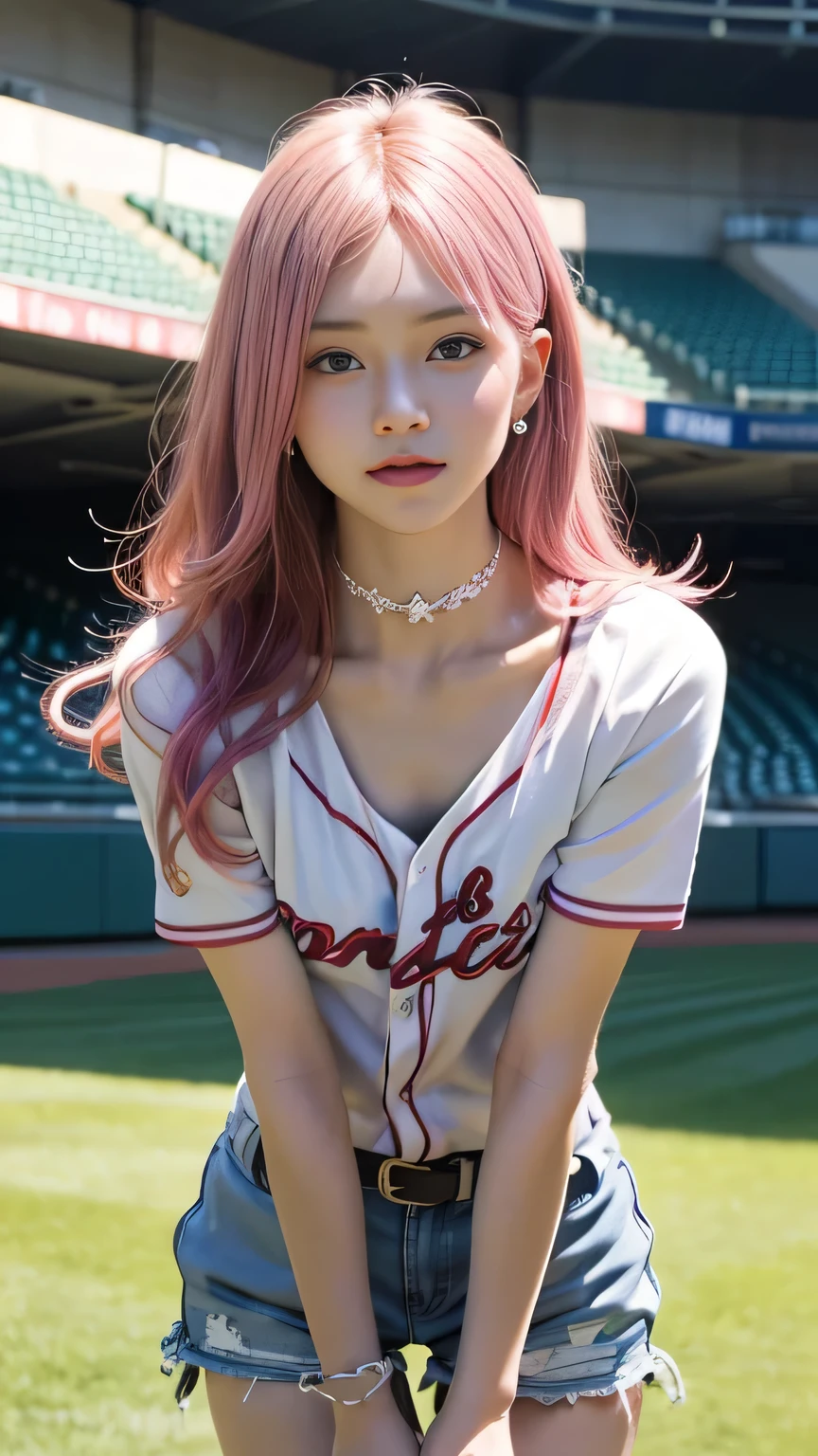 (8k, Best Quality, masterpiece:1.2), (Realistic, Photorealistic:1.37), Super detailed, One Girl,), (Very detailed), (beautifully detailed eyes), (Best Qualityの), (Super detailed ), (masterpiece), (Detailed face),20 years old, ,1 girl, ((Pink Hair,Long Hair)), Medium Breast, Dressed, perfect lighting, break, (Shiny uniform:1.3), (Shiny:1.3), Royal Blue, Red Stripe, (Short sleeve top:1.2), V-neck, White trim, (Baseball Gloves:1.1), Choker, Diamond Stud Earrings, (Satin Fabric:1.2), linen, (High-waisted shorts:1.1), Red sports socks, Baseball cleats, , (Bust up photo:1.2), long Pink Hair, Wavy, (Voluminous Hair:1.1), (Cute expression:1.3), Tilt your head, (sexy:1.2), I turned my face slightly., Chest touching pose, Hands on chest, Put one foot forward, (Baseball Stadium Lighting:1.1), Brown and green background, Spotlight effect, (Shadowy:1.1),