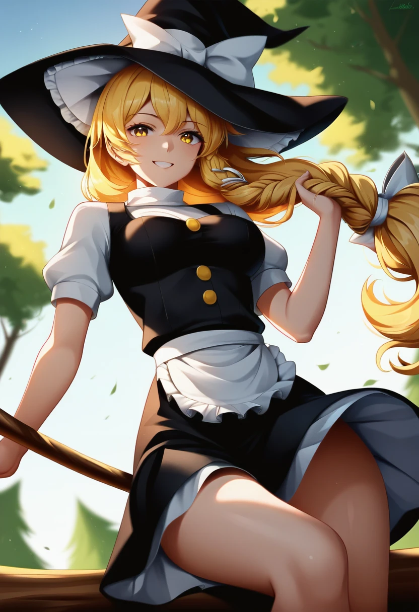 (masterpiece), (Best quality), (Very detailed), (high resolution), (8Khighres), (cel anime), (detailed beautiful face and eyes), (textile shading), (cowboy shot), (forest), (clear sky), 1girl, kirisame marisa, blonde hair, yellow eyes, single braid, witch hat, white ribbon, black skirt, white shirt, short sleeves, turtleneck, black vest, yellow buttons, waist apron, white sleeves, medium breasts, beautiful breasts, smile, zero gravity, broom in the sky, sitting on the broom, (from below:1.3),,