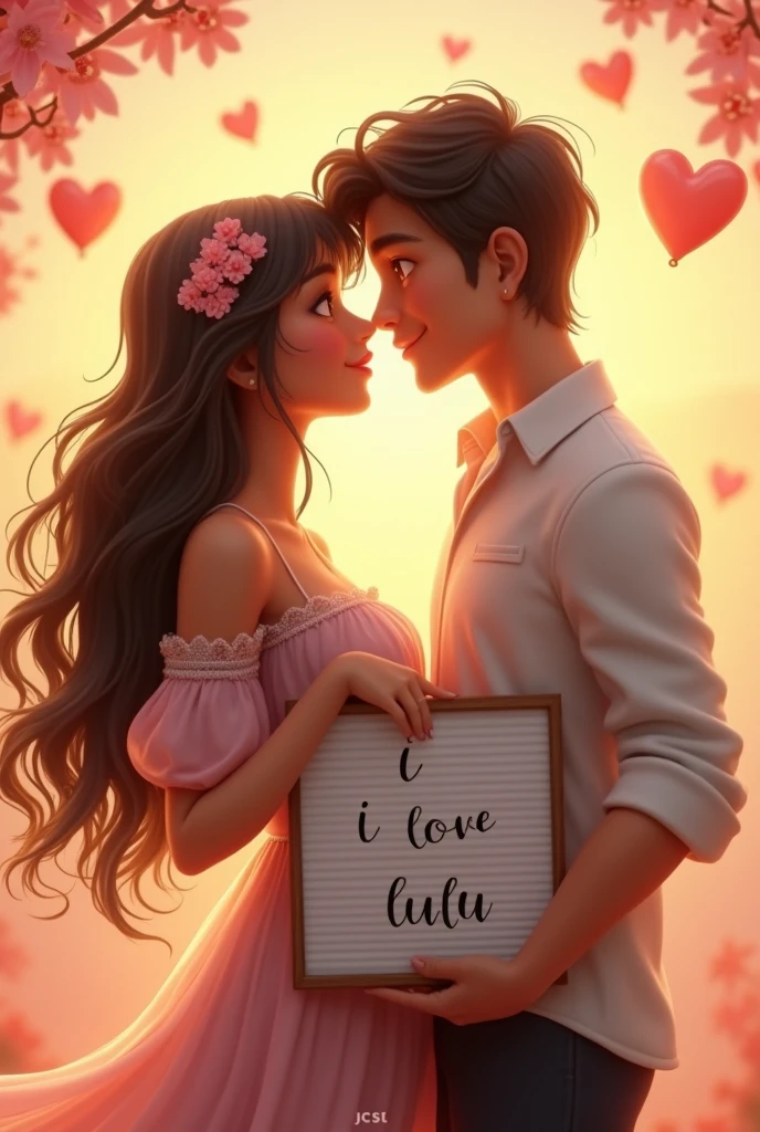 A couple siting on the car boyfriend lips Kiss her girlfriend with red rose. Boy wearing a t-shirt wirten his name Romeo and girl wearing a t-shirt writen her name Yana 3d cartoon