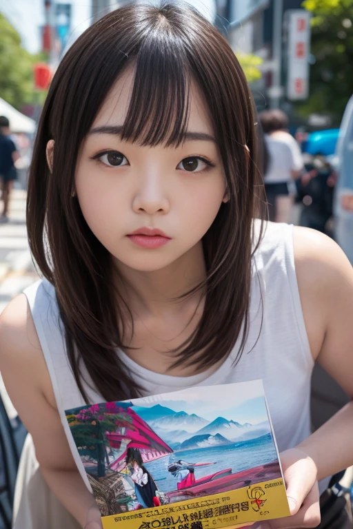 highest quality, High resolution, Realistic photo, Detailed skin texture, (Cute 8 year old Japanese girl wearing a short white camisole), (Flat Chest:1.5), To the camera, Slim figure, Fair skin, View your viewers, focus on face, Straight long hair, In the park with cherry blossoms falling, (loli:1.2)