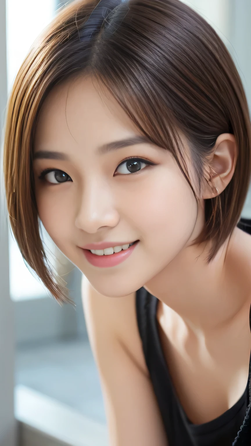 Very detailedな CG Unity 8k 壁紙, Highest quality, Very detailed, masterpiece, Realistic, Realistic写真, Very detailedな美しい女の子, Age 25 , (office lady), smile , Round eyes, Small breasts , The audience is, Half Body Shot , Stylish living room, , Brown hair trends Latest hair trends for young women Summer Good Provocative look 人を惹きつけるsmile Staring at the photographer Summer Good Morning Preparation Sexy lips Wet and see-through tank top Protruding lips Pink lips that captivate men Thick lips Whitening with cosmetic effects Shiny Hair Shiny Hair