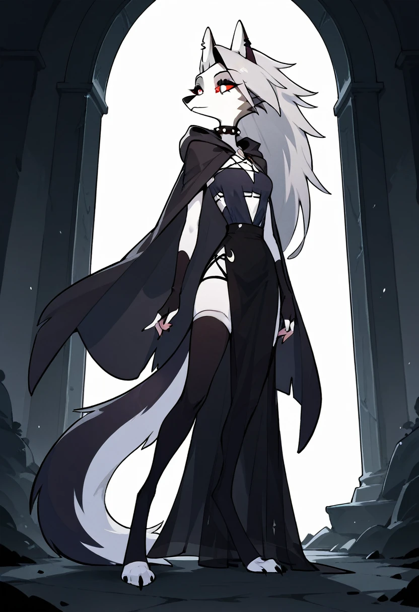 (1girl, solo), perfect body, slim, thigh highs, fingerless gloves,
anthro, robe, furry, cape covering full body, long skirt, pose, sexy, black cape and cloak, hood up, standing, room
Loona \(Helluva Boss\), 