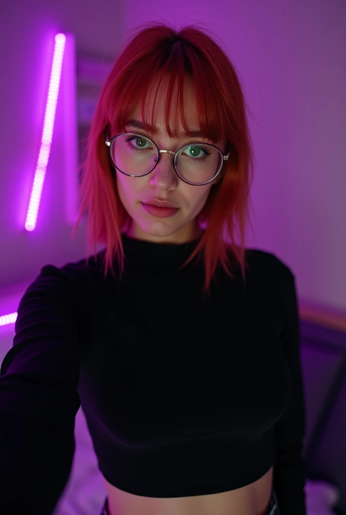 sexy sweaty Femme Fatale redhead with glasses, green space eyes, (kneeling), (seen from above), big breasts, marked abdomen, completely naked, smoking a cigarette, mouth slightly open, seductive look begging for a blowjob, glasses, neck and breasts completely bathed in semen, (in a room with red and purple neon lights), touching her pussy.