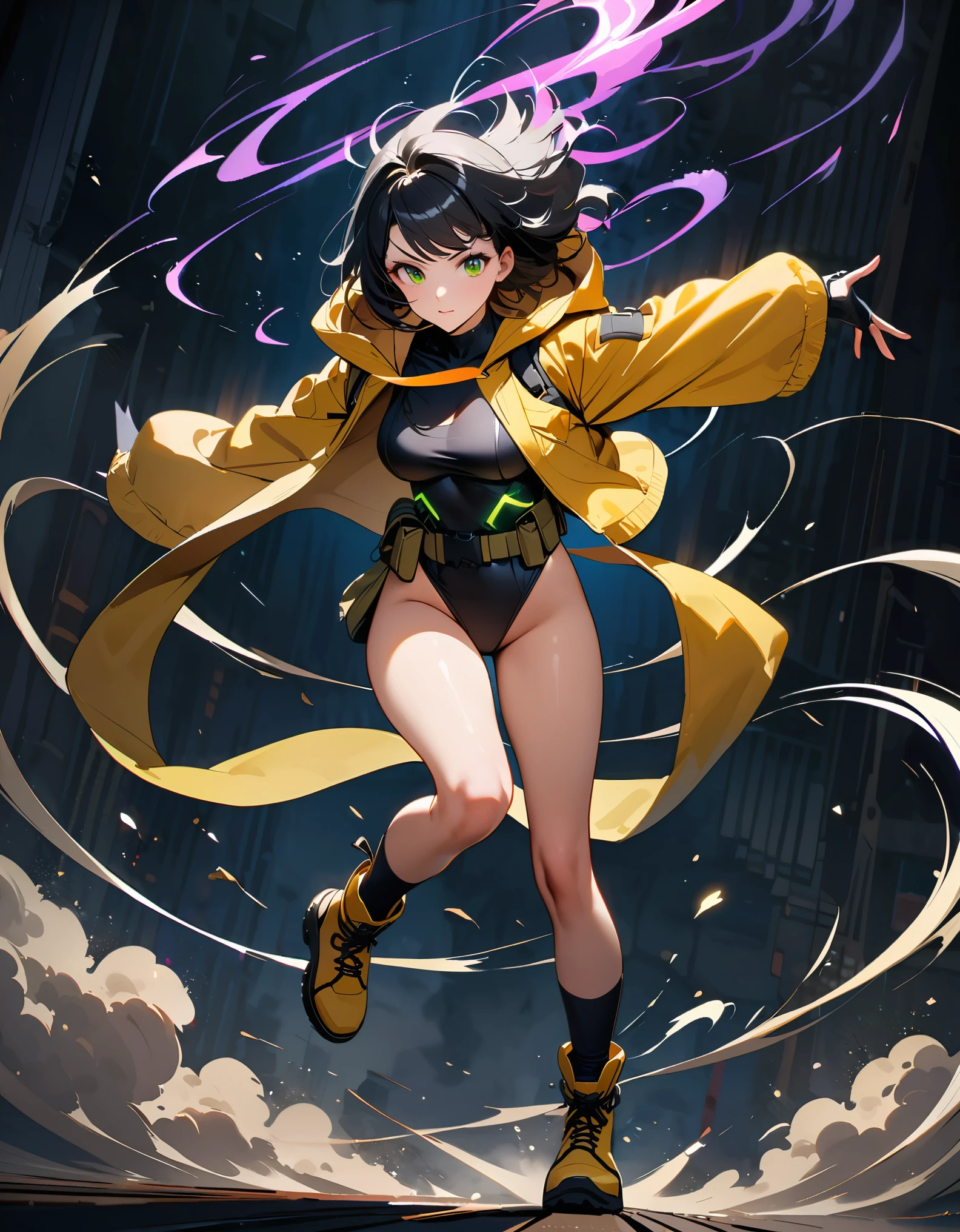 masterpiece, best quality, high res, 8k, 1 girl, solo, solo focus, full body shot, (black hair, medium hair, medium breasts, green eyes), ninja, perfect anatomy, cyberpunk style, ((load-bearing vest, belt, black gloves, (black leotard, yellow hooded jacket), bare legs, yellow combat boots, matching boots)), Japanese Garden backdrop, cowboy shot, (body induced with black aura:1.2), (fast spin, dynamic whirl pose, spins fast in place like a tornado, whirls fast in place like a tornado, tornado whirling, spiral lines around her, speed lines around her, storm winds around her, whirls into a tornado, (she whirls) at (super speeds)). full body costume design. she super-spins, whirlwind, dust particles.