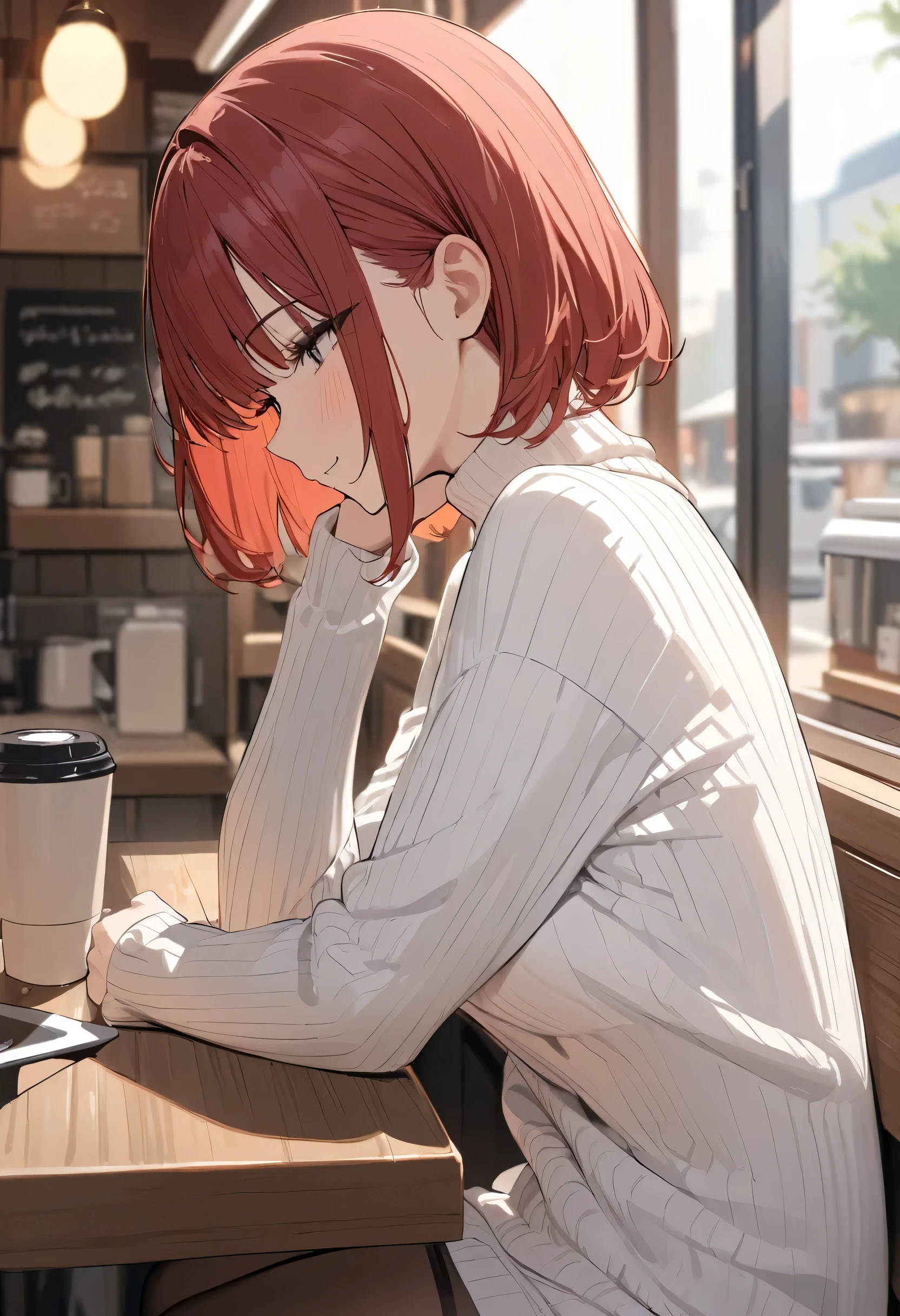 (masterpiece, best quality, 4k, very detailed), long shot, red short bob hair, little smile, tall, white loose turtleneck sweater, one woman, waiting coffee, in cafe