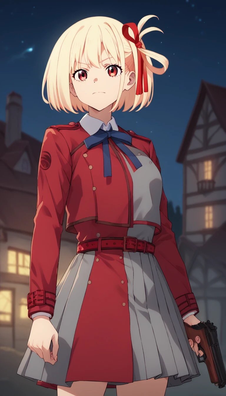 chisato nishikigi, short hair, bangs, blonde hair, red eyes, hair ribbon, one side up, bob cut, shirt, long sleeves, dress, ribbon, white shirt, collared shirt, belt, neck ribbon, red dress, blue ribbon, pleated dress, grey dress, two-tone dress, red belt, lycoris uniform, trickle of blood from eyes, gun, ready a gun, night, town, dynamic movement, dynamic angles,