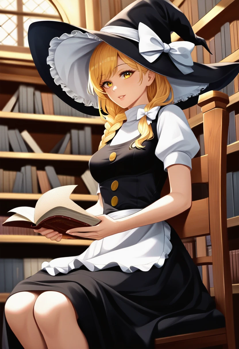 (masterpiece), (Best quality), (Very detailed), (high resolution), (8Khighres), (cel anime), (detailed beautiful face and eyes), (textile shading), (cowboy shot), (library), (medieval interior), 1girl, kirisame marisa, blonde hair, yellow eyes, single braid, witch hat, white ribbon, black skirt, white shirt, short sleeves, turtleneck, black vest, yellow buttons, waist apron, white sleeves, medium breasts, beautiful breasts, sitting, chair,  Reading a book, pile of books,,