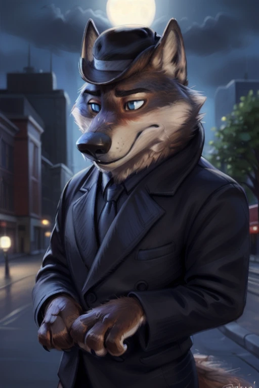 larry (zootopia), grey fur, (brown body:1.3), blue eyes, zootopia, canine, wolf, squint eyes, detailed fur, male, anthro, pawpads, finger claws, 5 fingers, paws, 4 toes, night, full moon, tail, red carpet, suit, black tie, wearing a Dor-15 black bowler hat with a red robotic eye in his frontal part, \(suit\), BREAK by bruteandbrawn, by personalami, by kenket, (intricate, high detail, film photography, soft focus, RAW candid cinema, photorealism, realistic, photorealistic, analog style, subsurface scattering, masterpiece, best quality, ultra realistic, 8k)